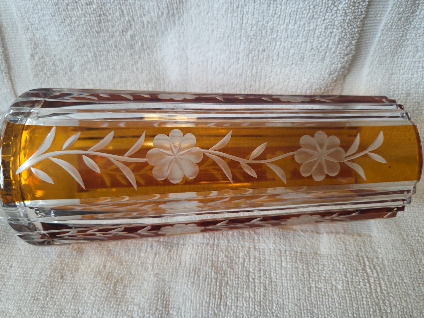 1960’s Huta Szkła Julia Yellow Amber Cut to Clear Crystal Vase Made in Poland