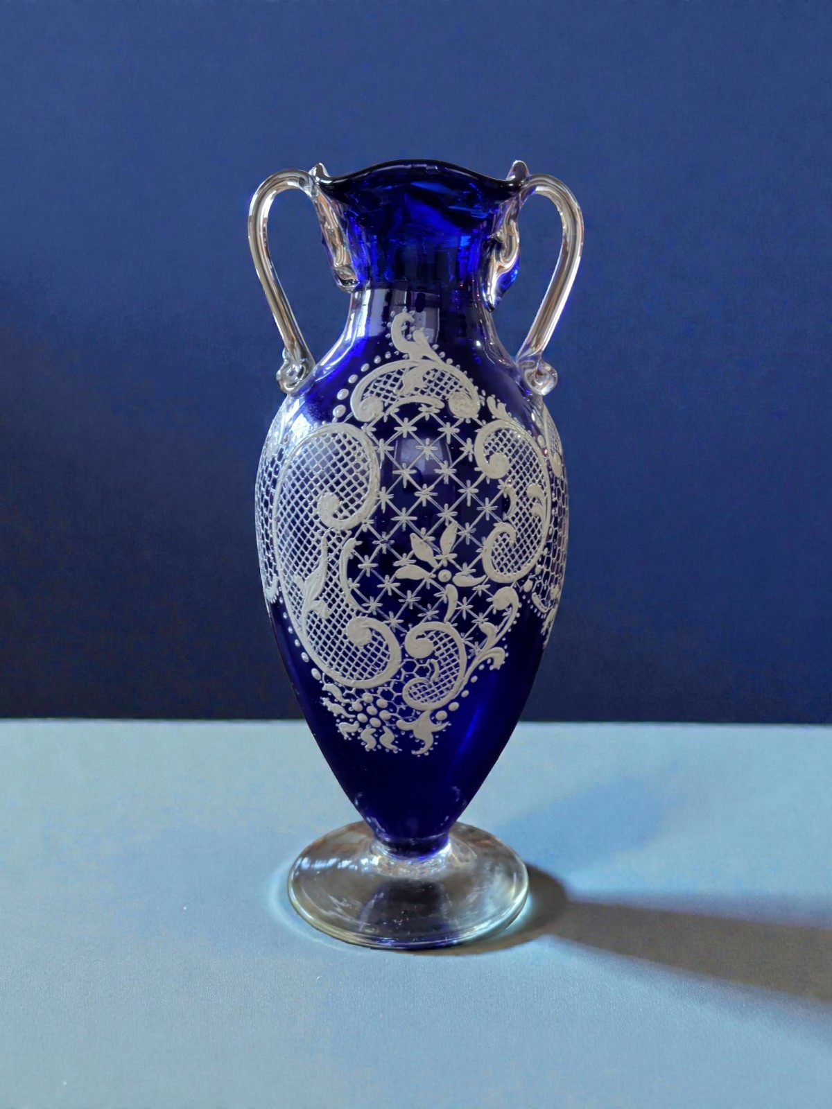 Cobalt Blue Venetian Glass White Lace Vase 7.5″ Applied Handles Read Desc.