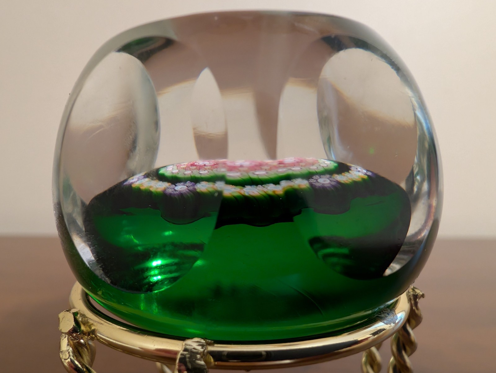 Vintage Perthshire Millefiori Emerald Green Cased Art Glass Faceted Paperweight
