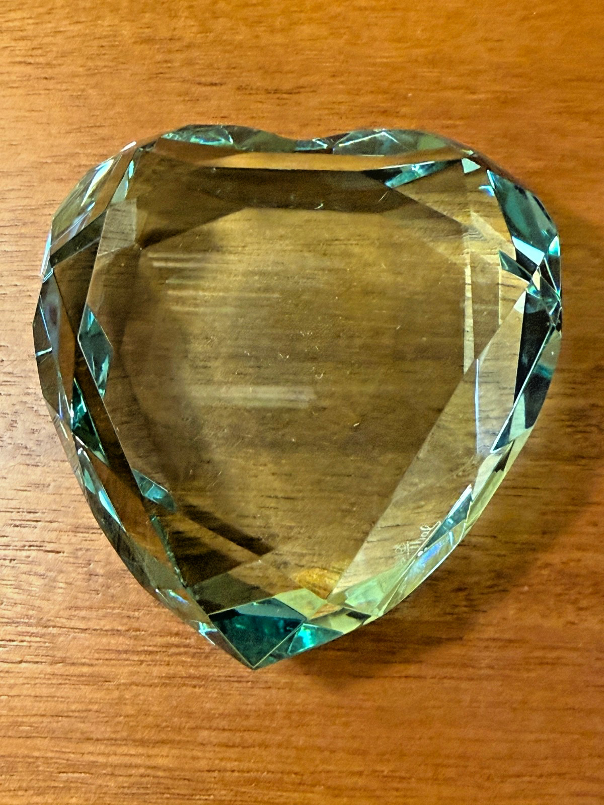 Rosenthal Signed Crystal Heart Shaped Paperweight Faceted Cut Green 3.5” 8oz