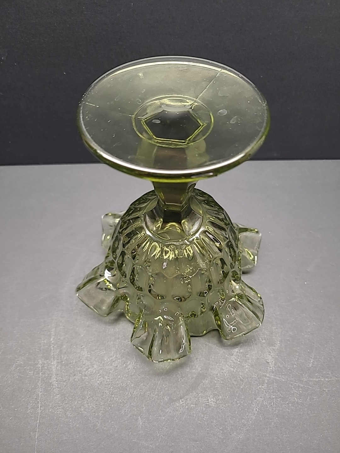 Fenton Thumbprint Colonial Green Compote Ruffled Rim Green 6″ Tall