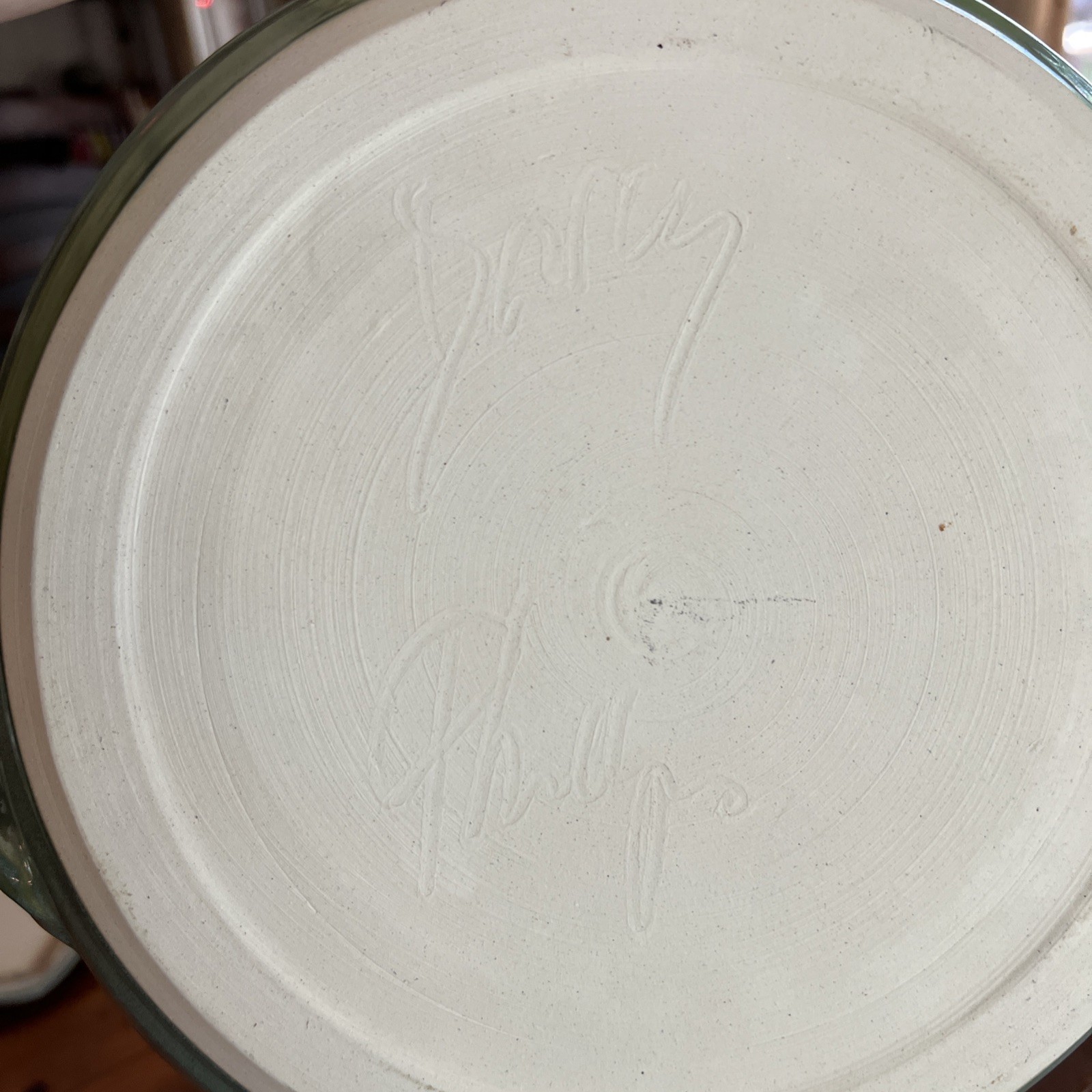 Signed Studio Pottery Platter Stoneware Swirling Blue Green Glaze 12″