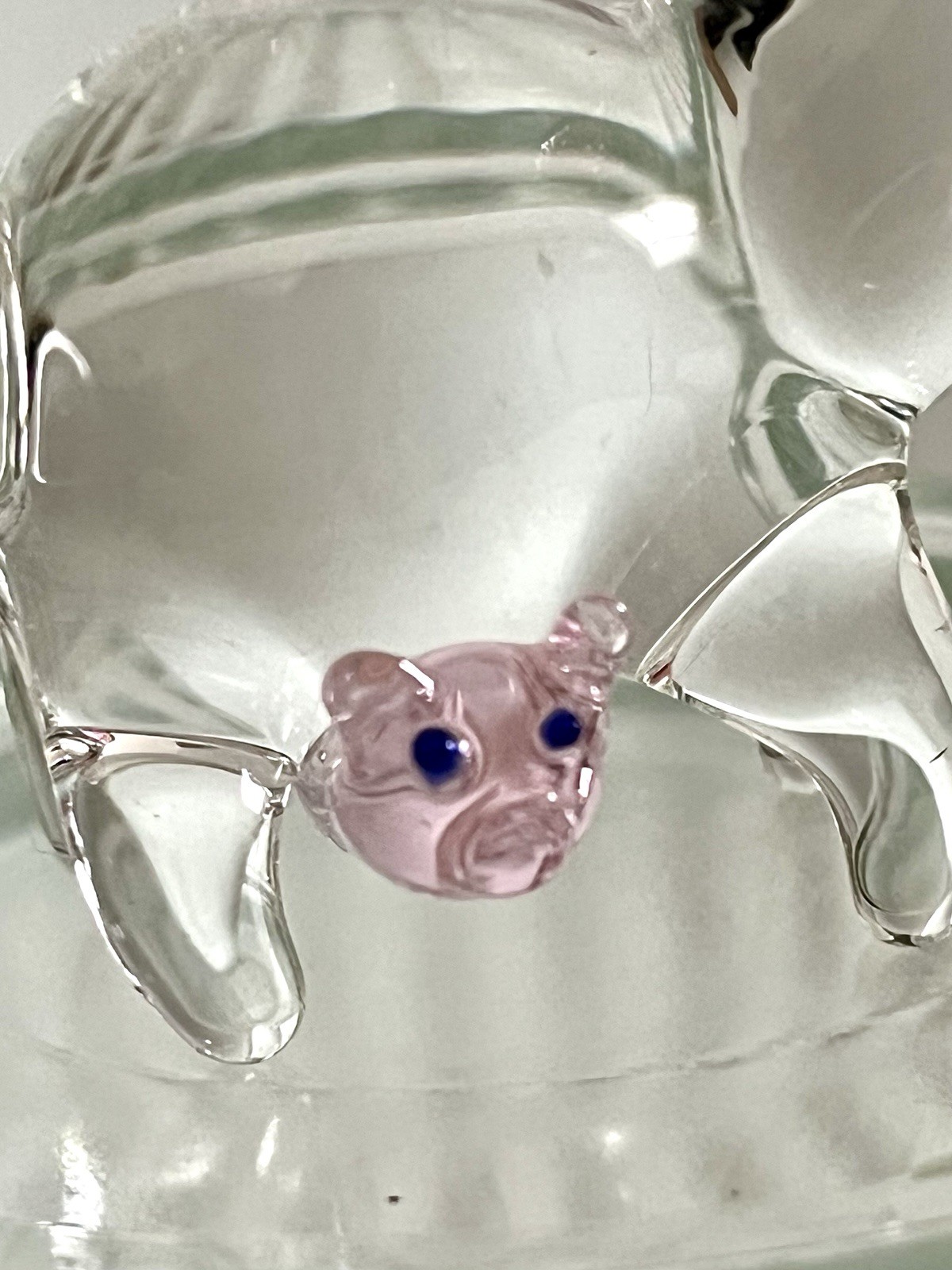 Vintage Solid Hand Blown Clear Glass Mother Pig & Pink Piglet Figurine 2”