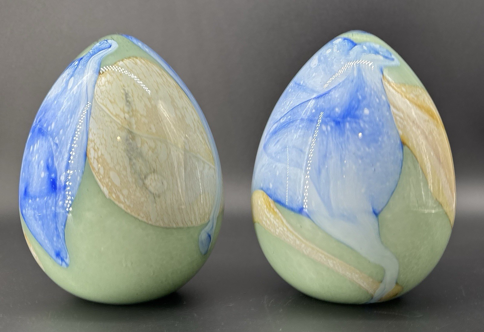 Hand Blown Glass Eggs Easter Large Approx 8” Blue Green Beige Hollow