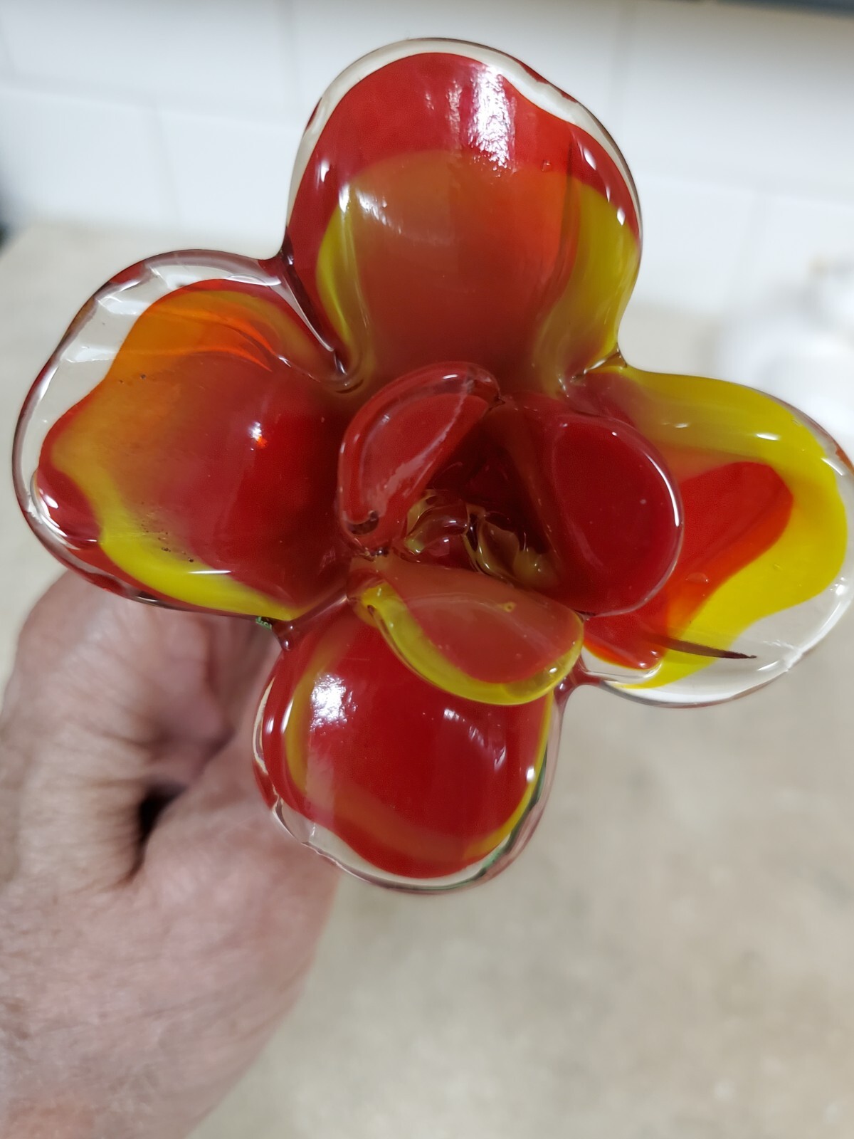 Vintage Red, Yellow & Green Handblown Glass Flower Art Glass 9.5″ L
