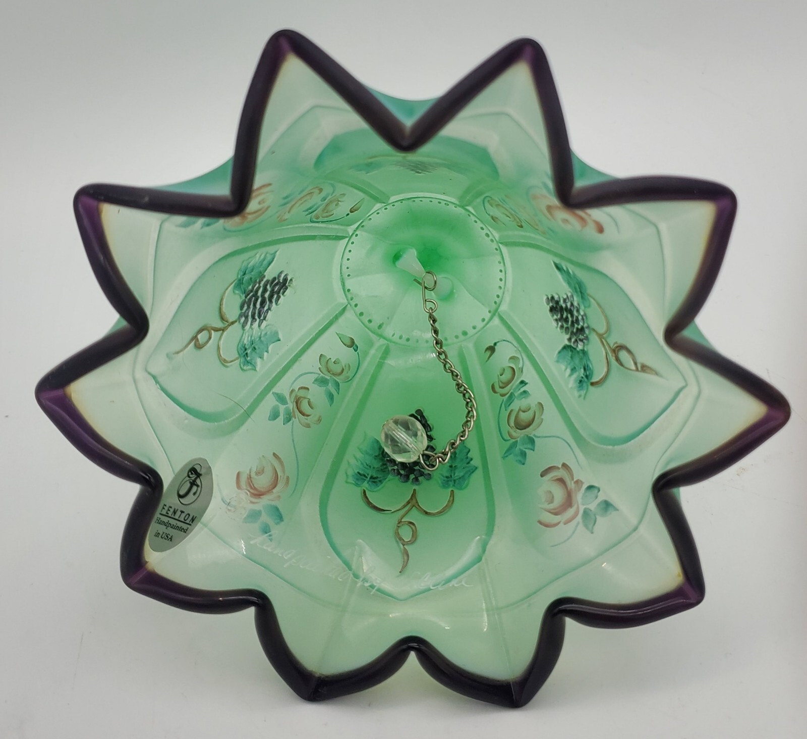 Fenton Willow Green Satin Plum Crest Embossed Grapes Roses Panel Opalescent Bell