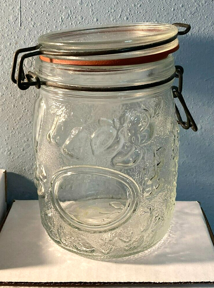 Vintage Clear Glass Decorated Jar/Canister w/ Fruit Pattern w/Original Seal-4×6″