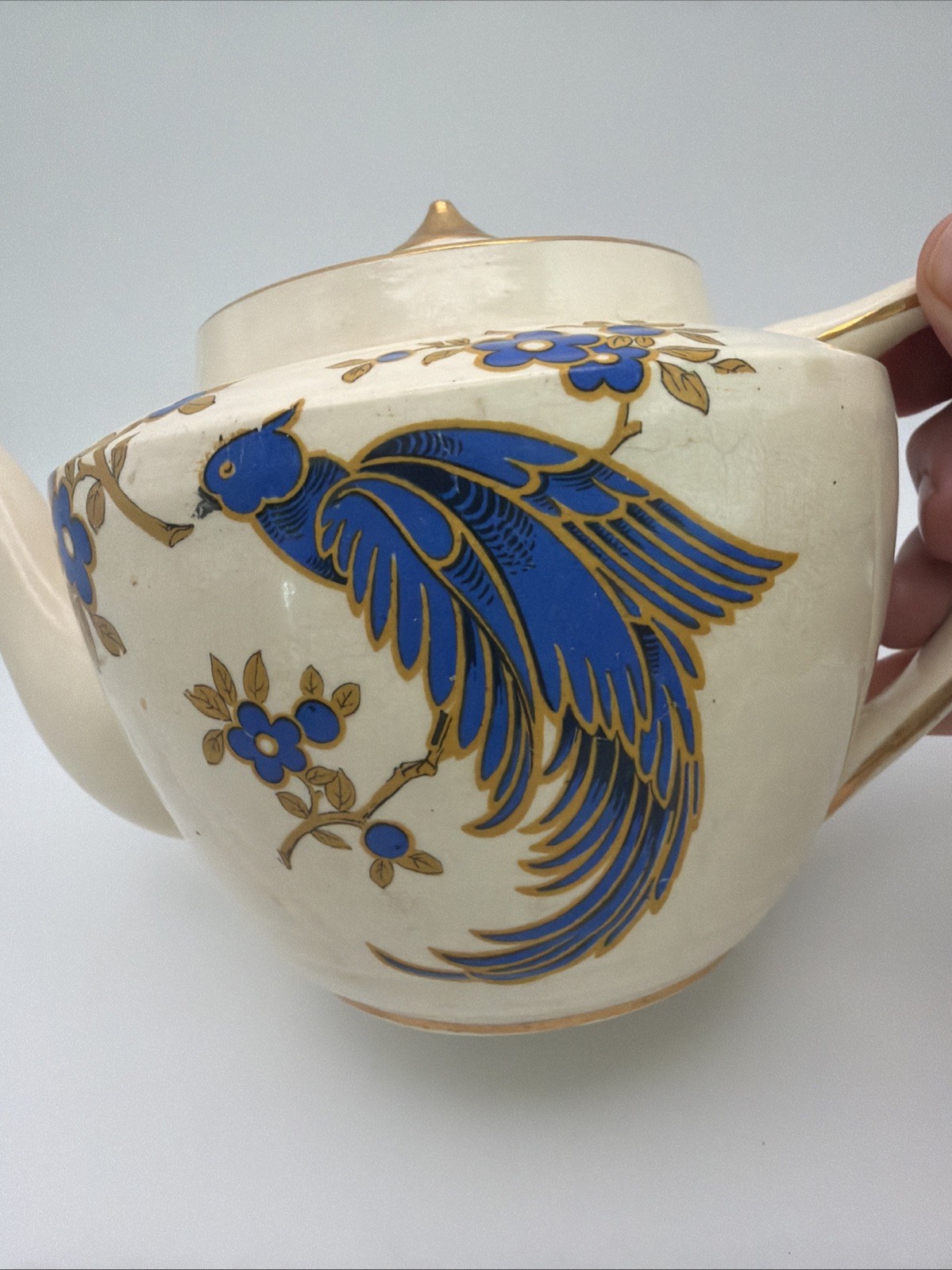 Vintage Arthur Wood 3890 Blue Bird Floral Teapot Gold Trim England Vintage