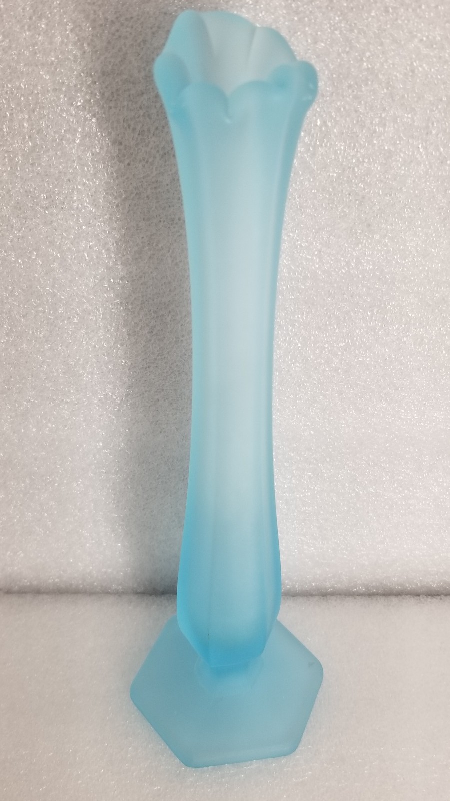 Westmoreland Glass * Paneled Bud Vase * Light Blue Satin Mist * 9.5″ * 0762