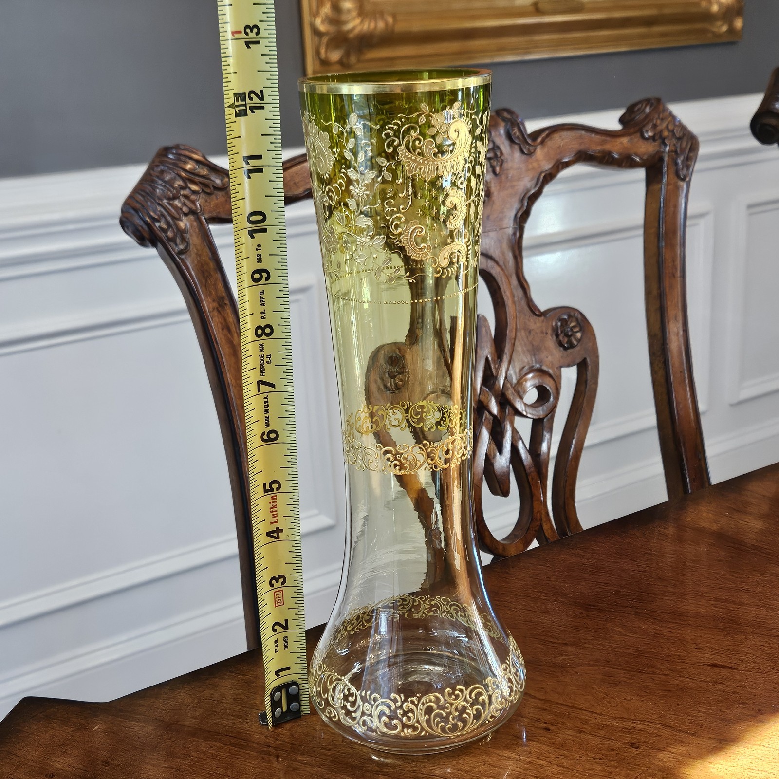 Moser Chartreuse To Clear Gold Enameled Jeweled Vase Flared Base