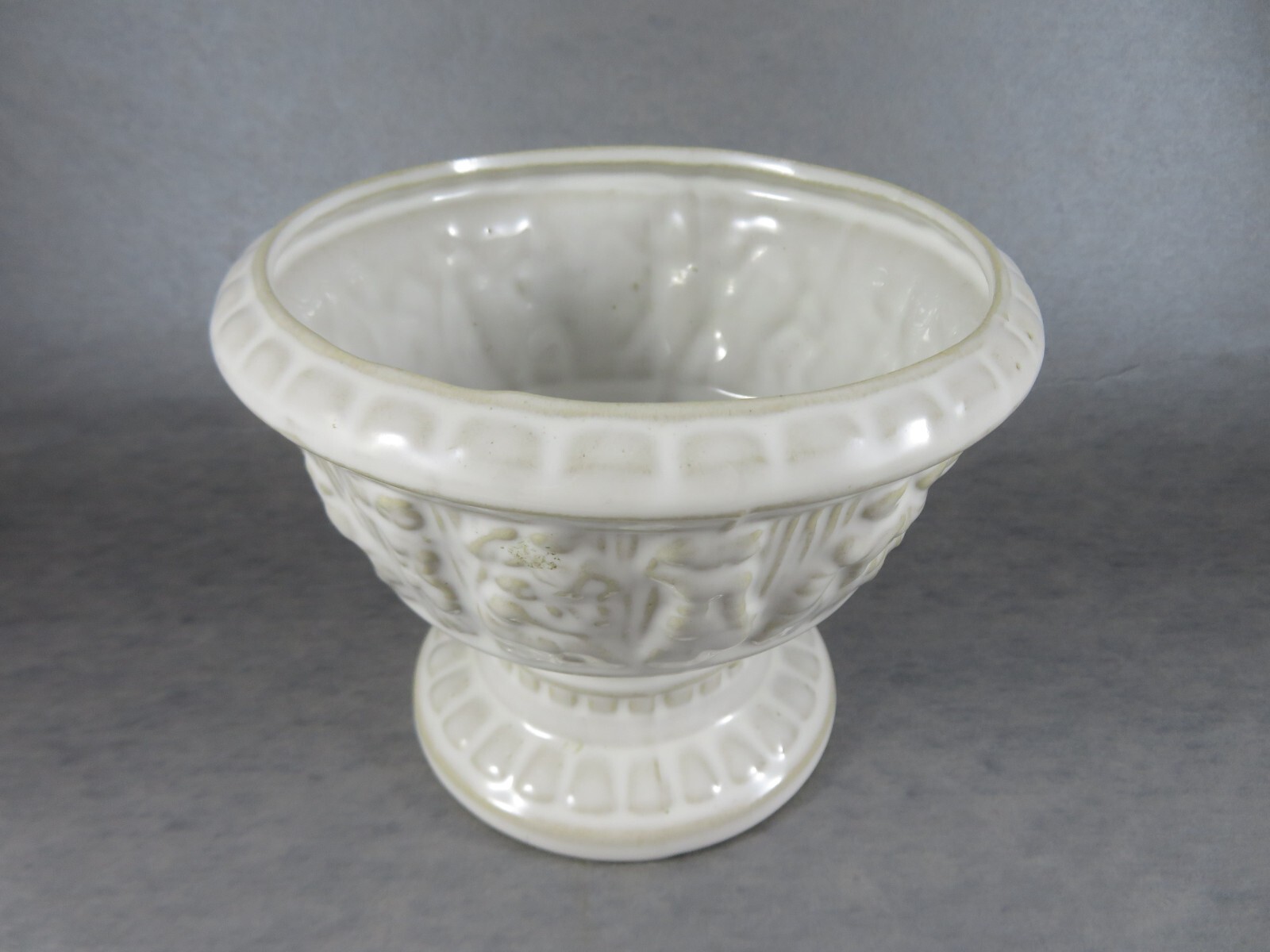 Ceramic Planter Pedestal Bowl Embossed Roman Figures 4.75 In High Vintage 1970s