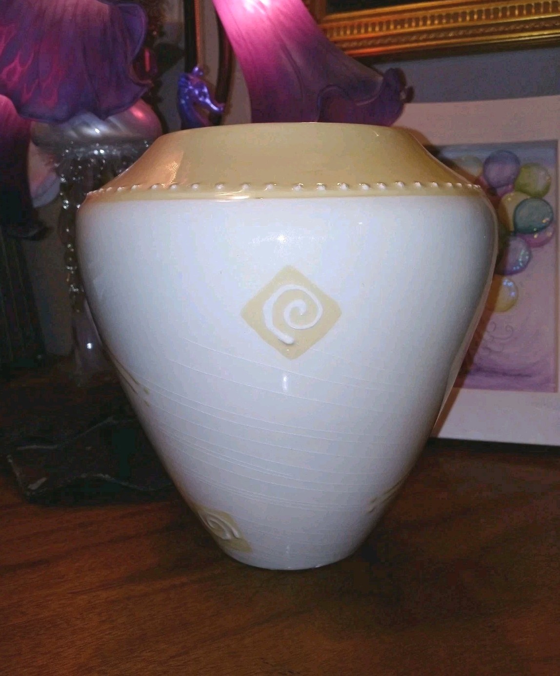 Art Deco Ceramic VASE White & Butter Yellow Glaze Signed “Jaime” Studios – RARE