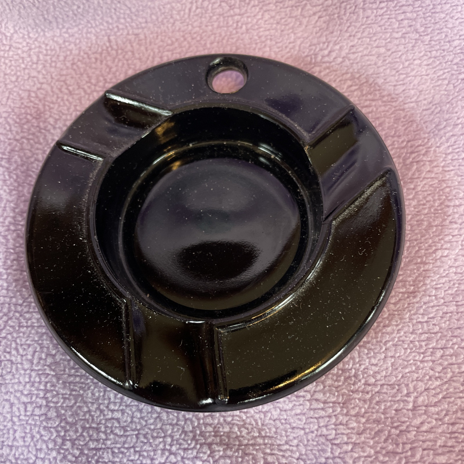 Vintage Black Glass Ashtray With Hole For Hanging~ Art Deco~4 Inches In Diameter