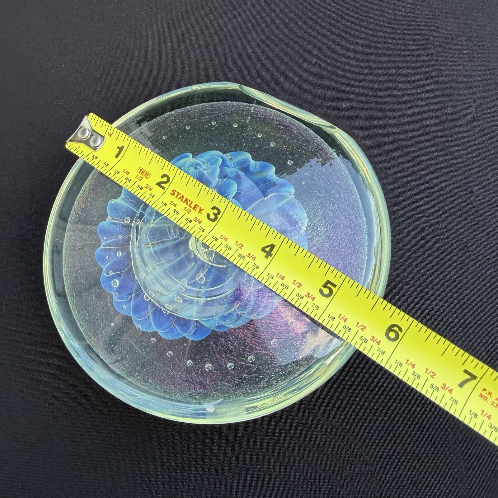 Eickholt Signed Seascape Opalescent Blue Stand-up Disc 6”x5.5 Paperweight Flower