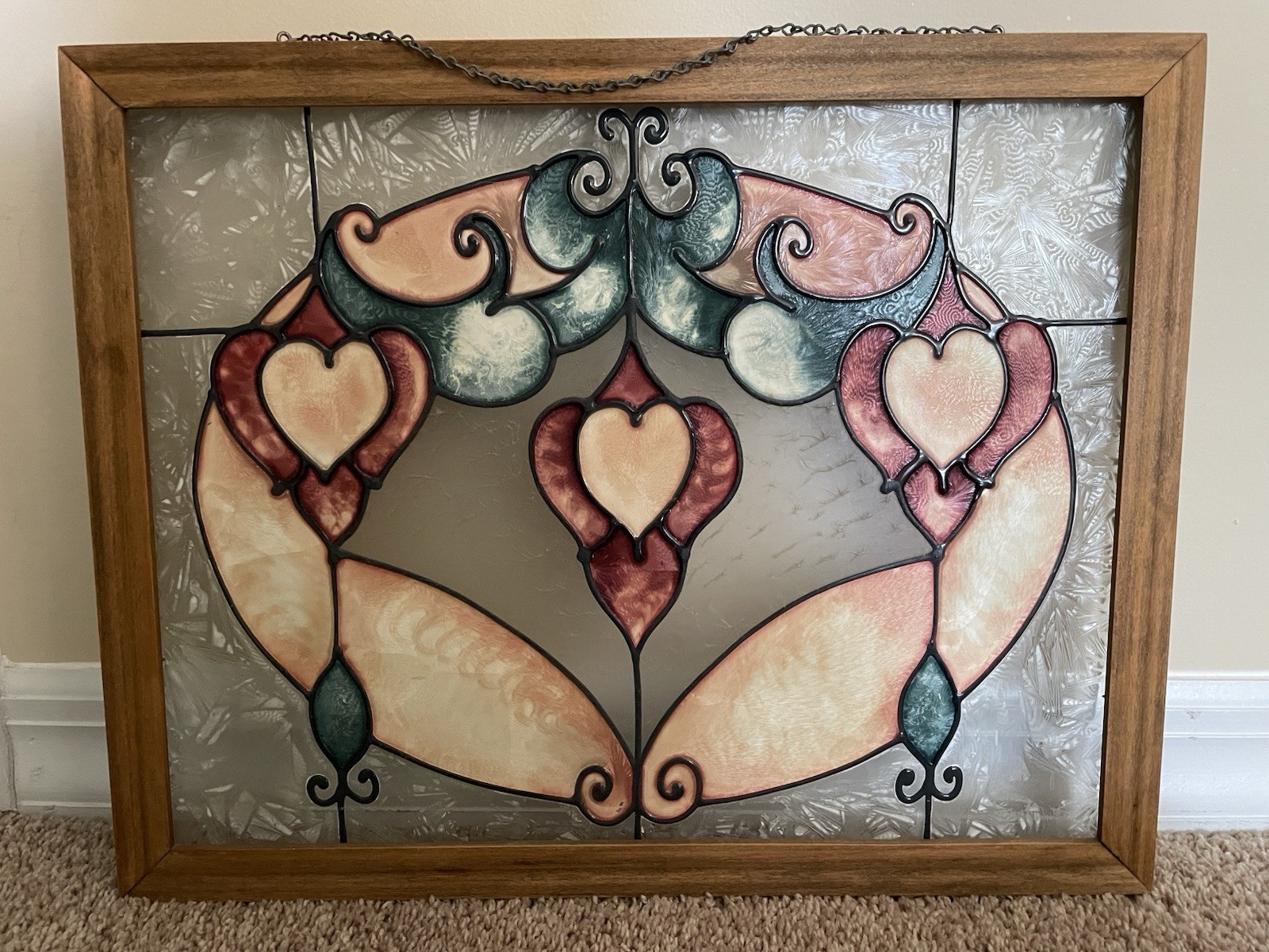 Vintage Stained Glass Hanging Wood Framed Window Panel 19″ X 15.5″ EUC