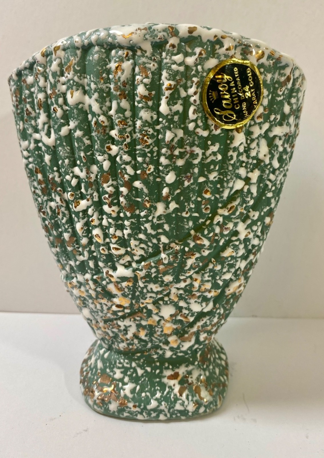 Vtg Savoy Speckle Vase Splatter Art Pottery Green White 24k Gold Planter MCM