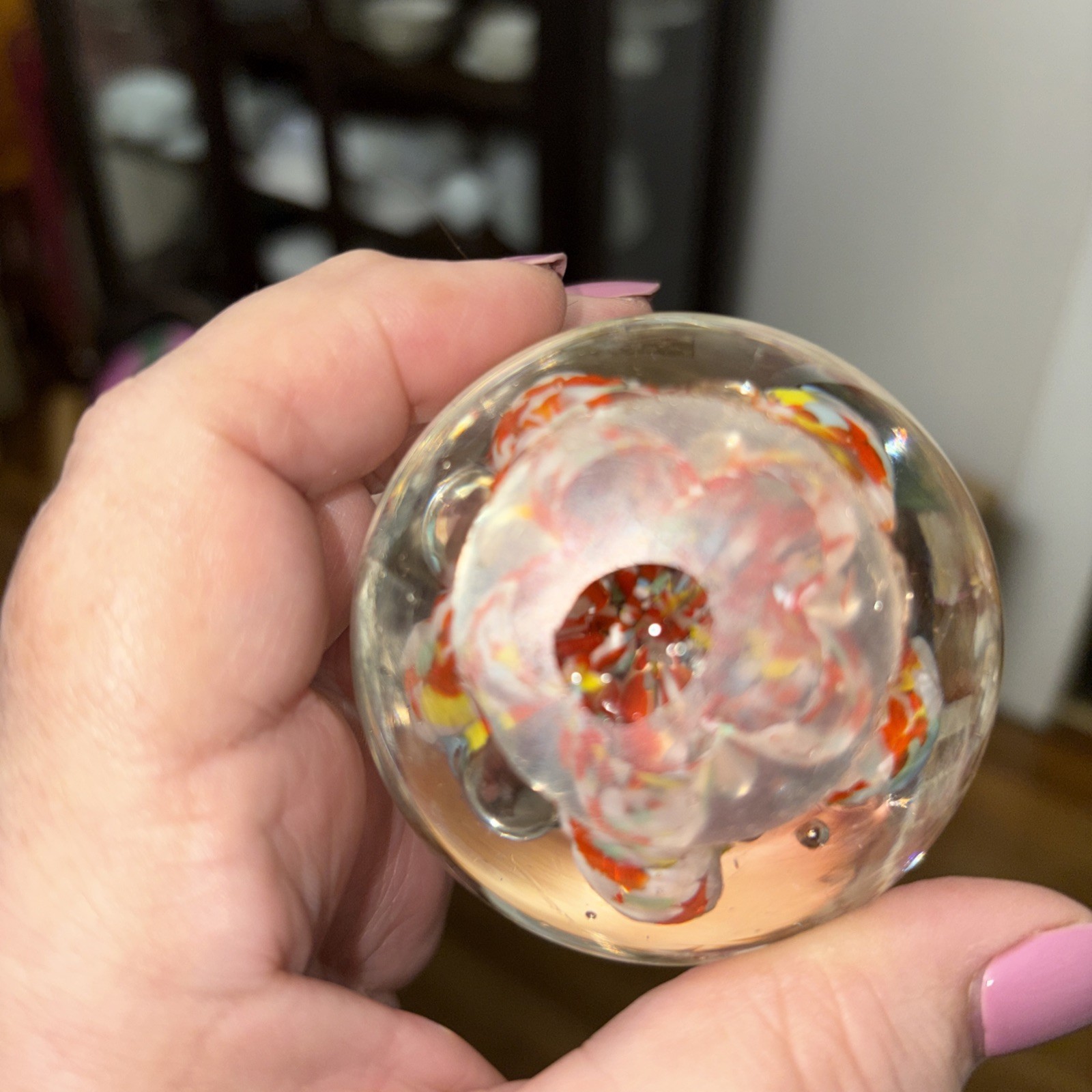 Hand Blown Paperweight Orange and Yellow and aqua Controlled Bubbles