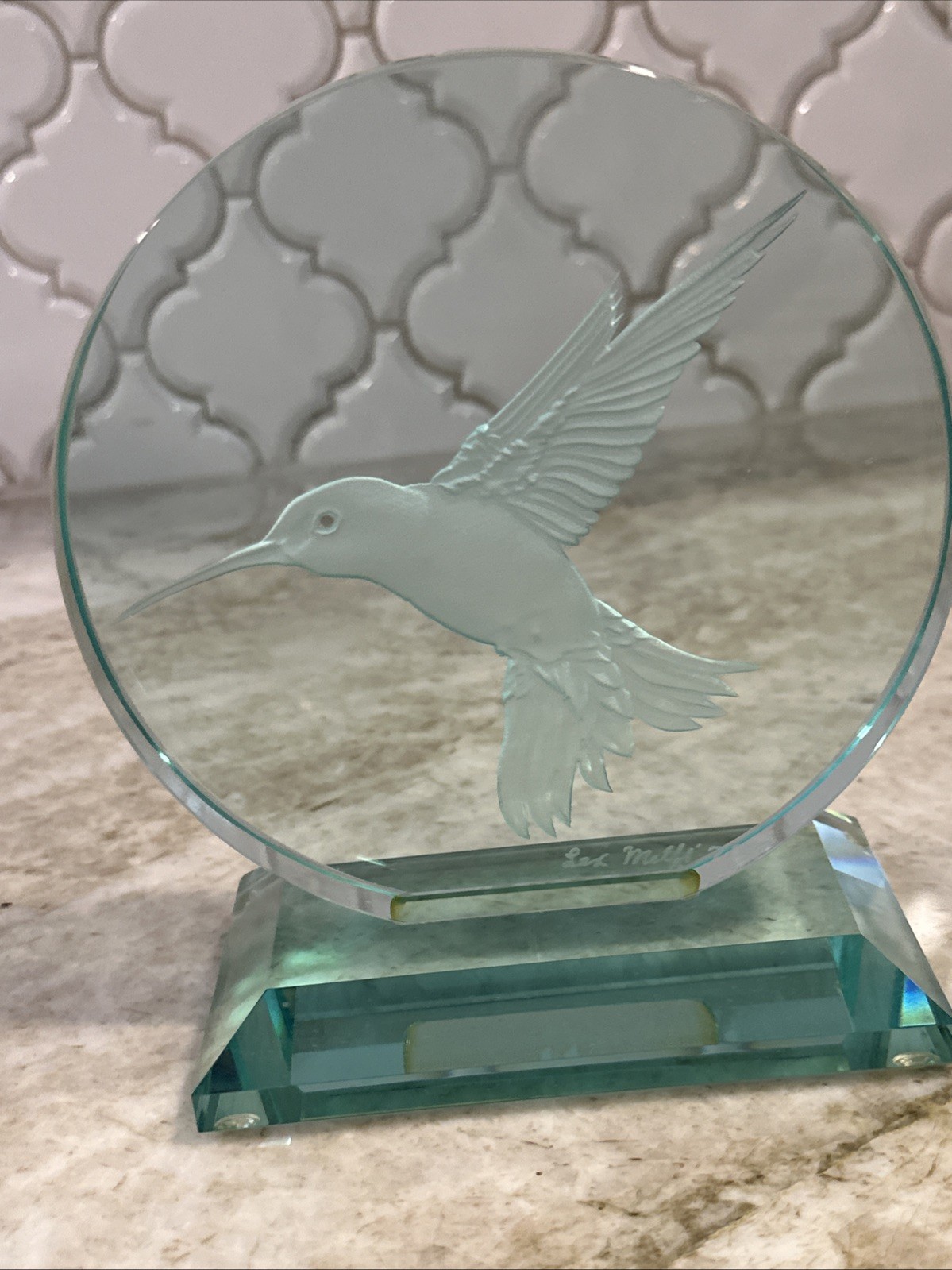 3D Hummingbird Sculpture, Green Glass Sand Carved Lex Melfi Signed Numbered RARE