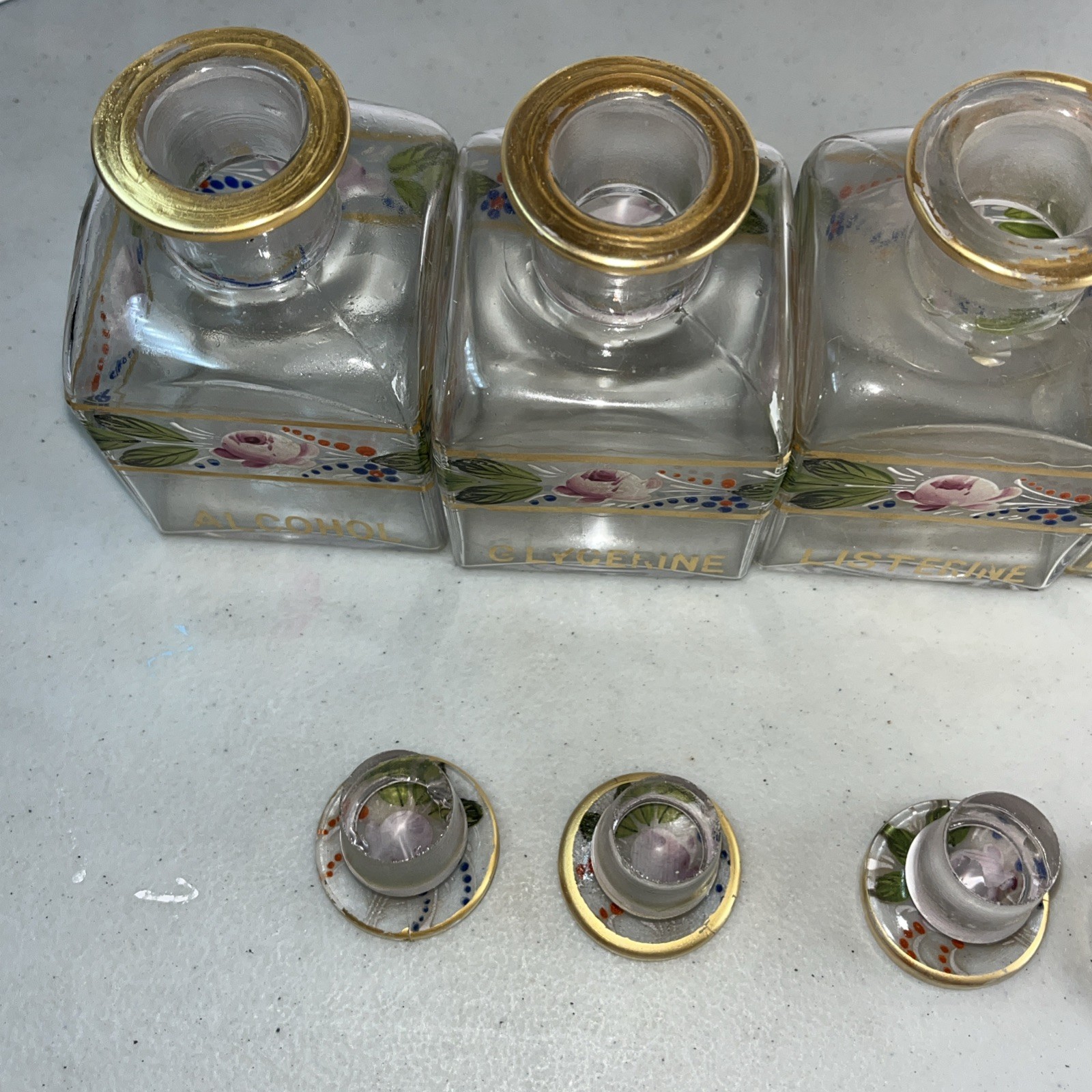 Antique Hand-Enameled Floral Pink Gold Gilded Glass Vanity Bottles Rare 5 Pieces