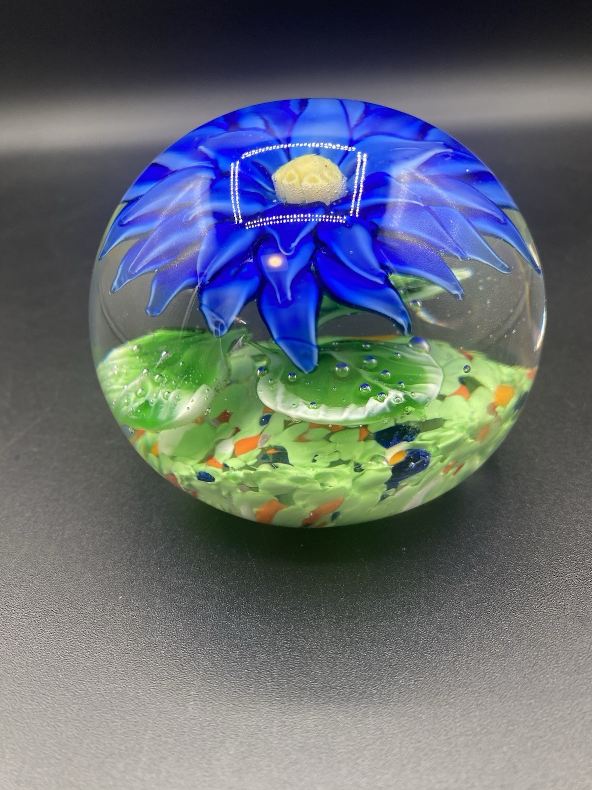 Murano Blue Floral Paperweight Handmade in Italy w/ MURANO Sticker