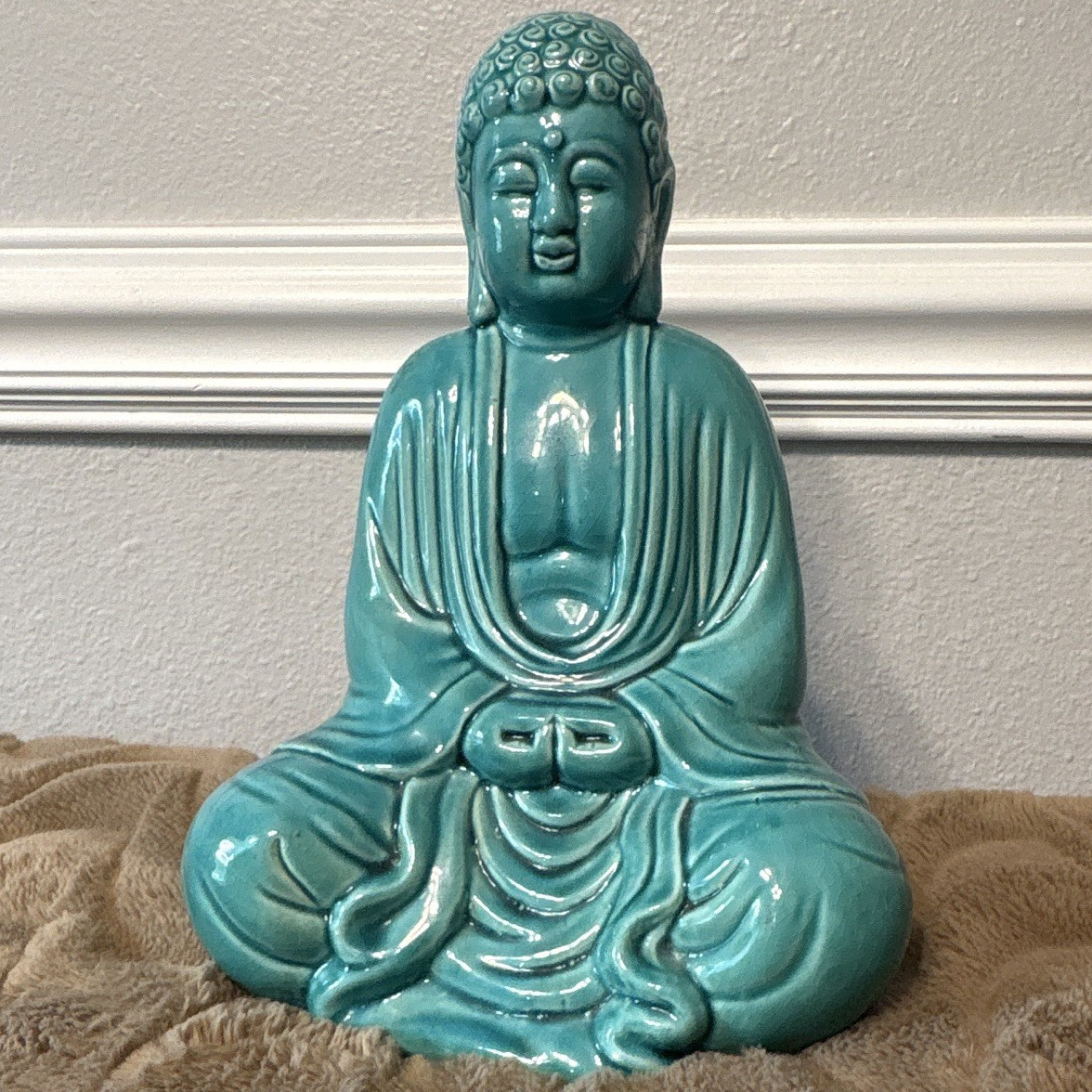 Turquoise Ceramic Buddha Planter with Drainage Holes, Modern Glossy Art Pottery