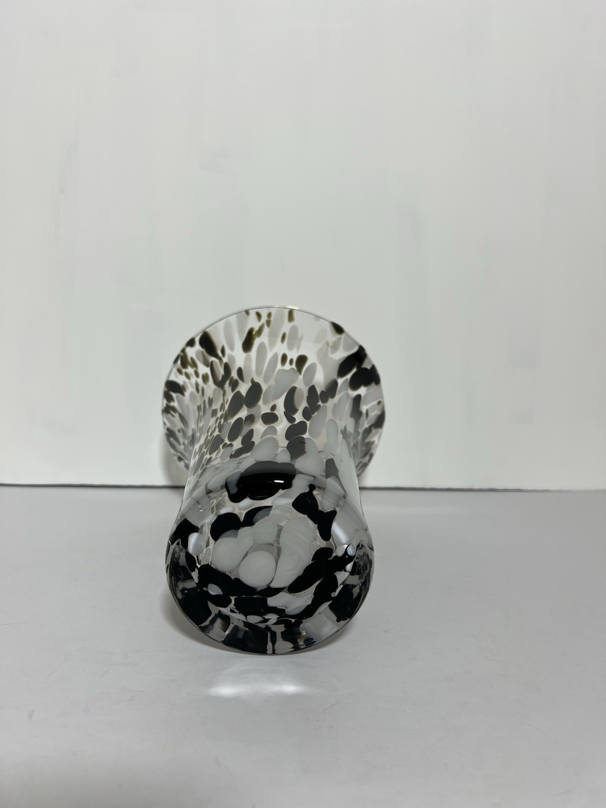 Vintage Hand Blown Art Glass Vase Black White Spatter Confetti Flared 7”