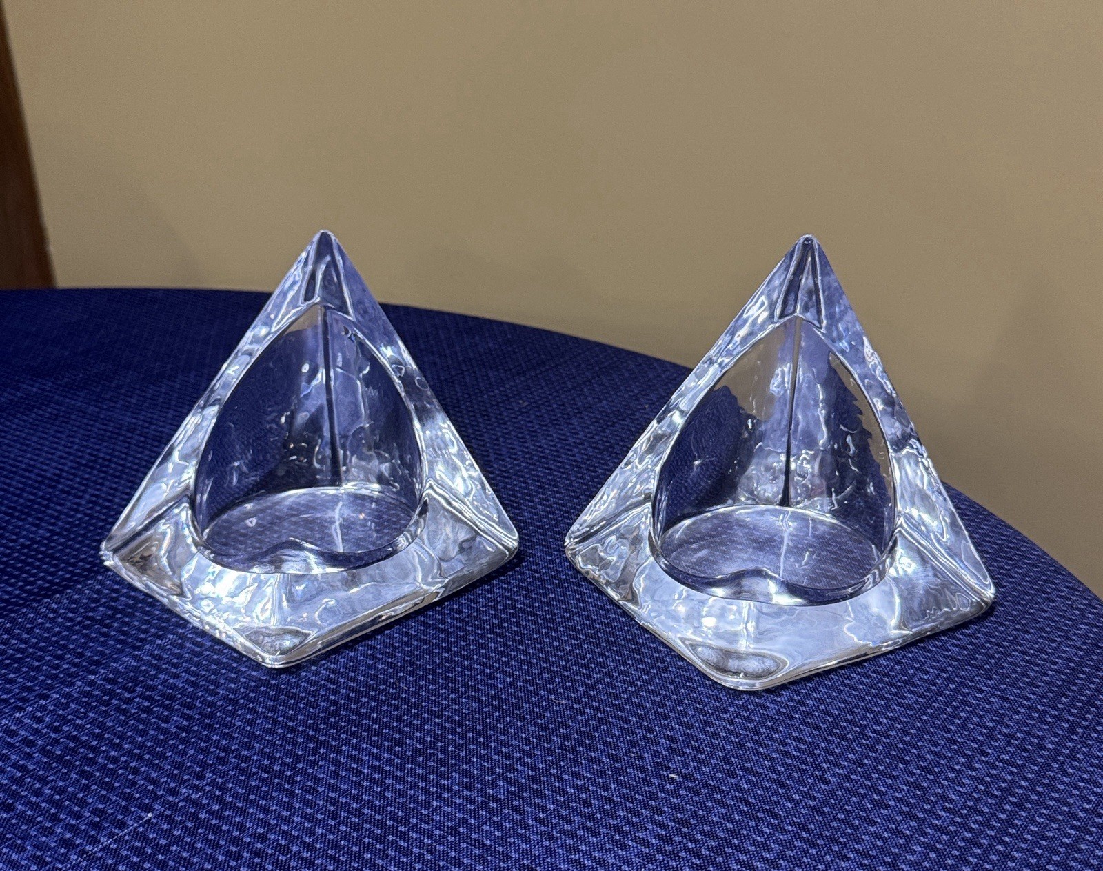 Nybro Art Glass Ice Pyramid Candle Holder By Tord Kjellstrom Sweden MCM Set of 2