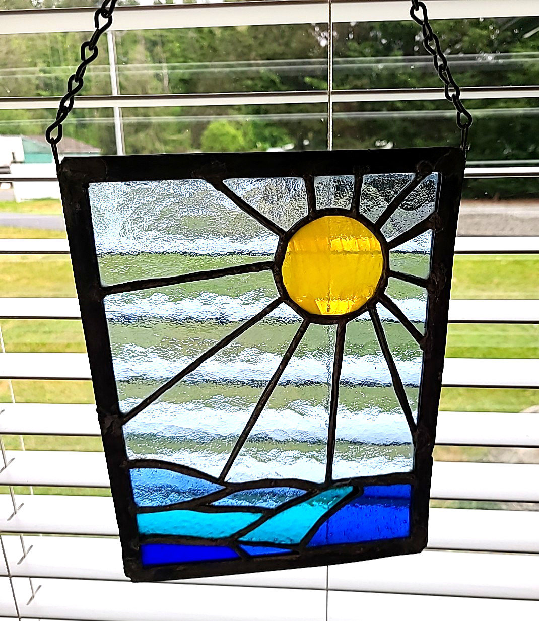 Handmade Stained Glass Suncatcher sunrise over water Decorative 11″x9″