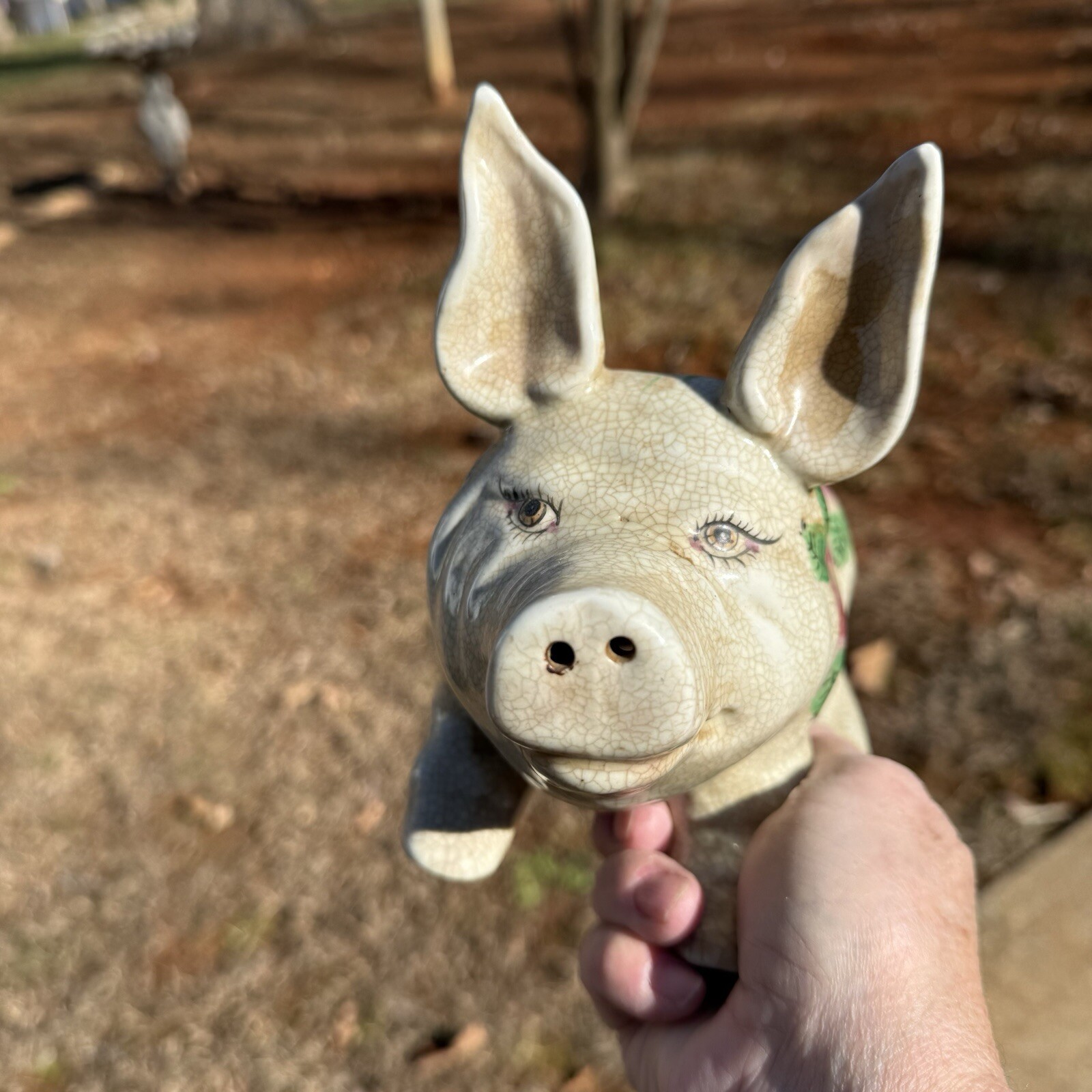 VTG Painted pottery pig statue Crazed Finish 7”X 4.5” X 9”￼