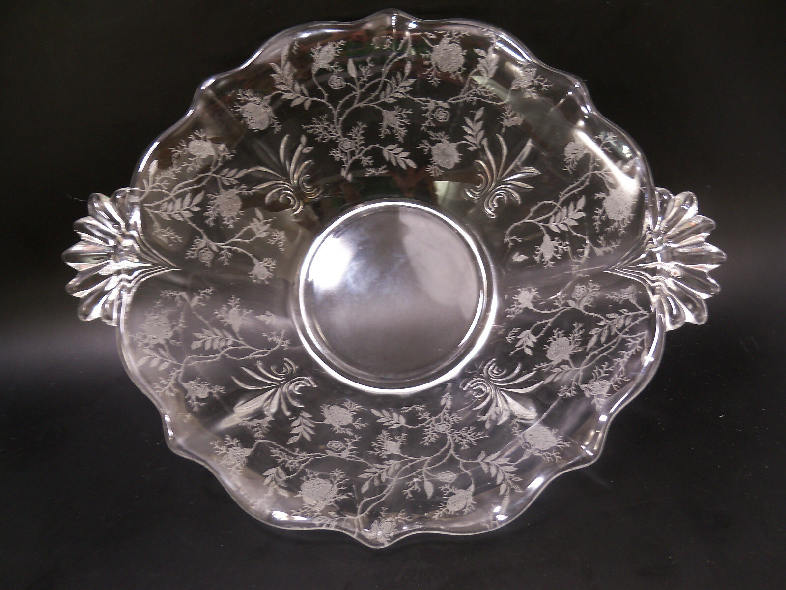 Fostoria Baroque Etched Rose Handled Crystal Glass Bowl