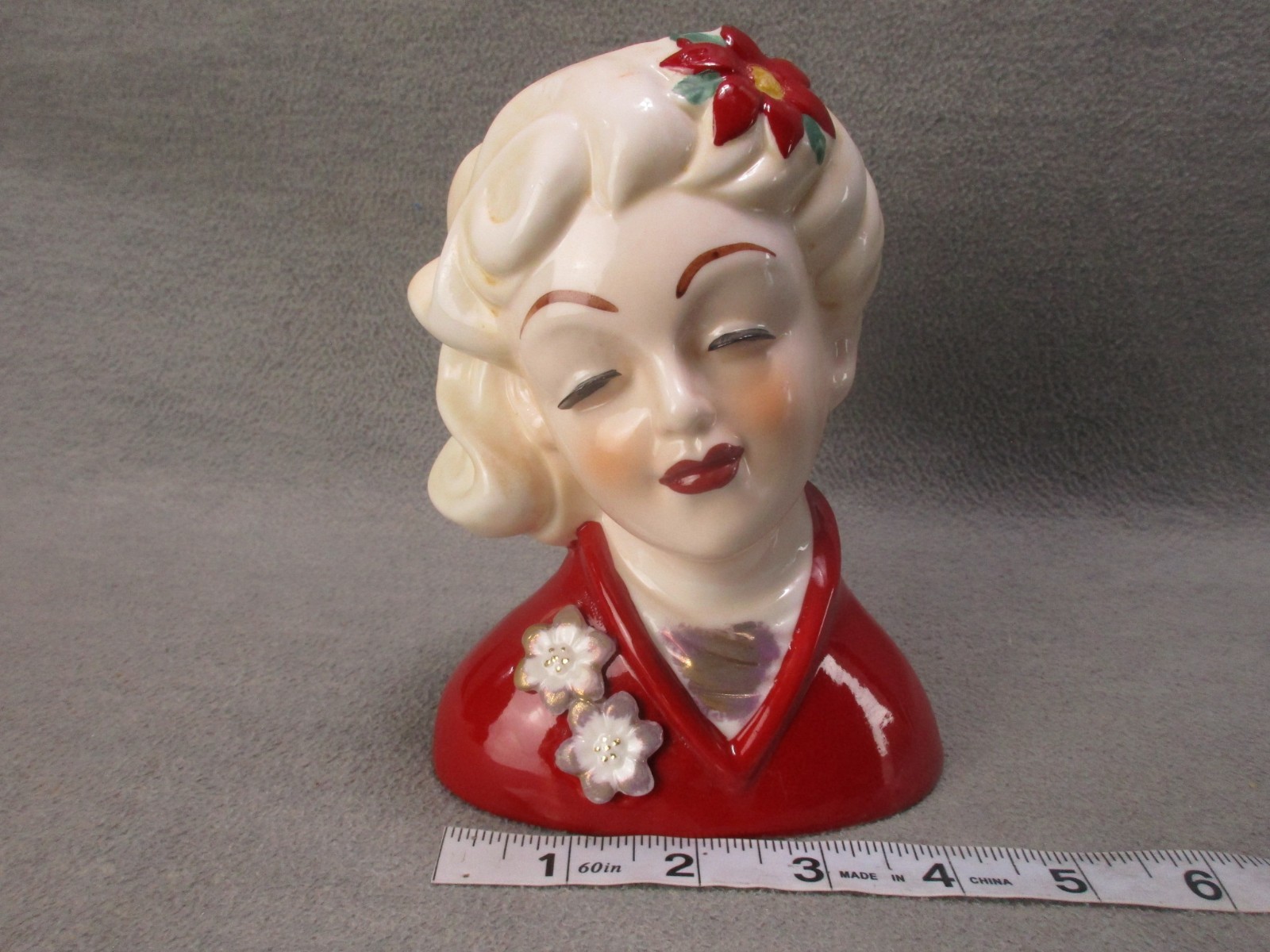Vintage Lady Head Vase Red Gold Poinsettia 6.5 in Christmas Valentine Romance