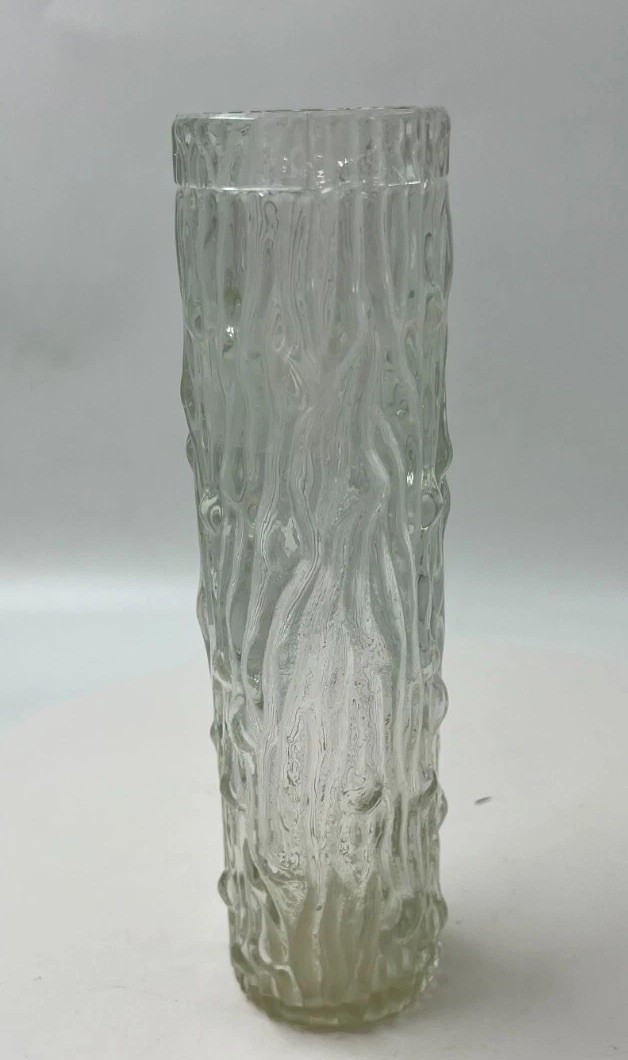 Mid-Century Modern Clear Textured Bark Art Glass Cylindrical Vase