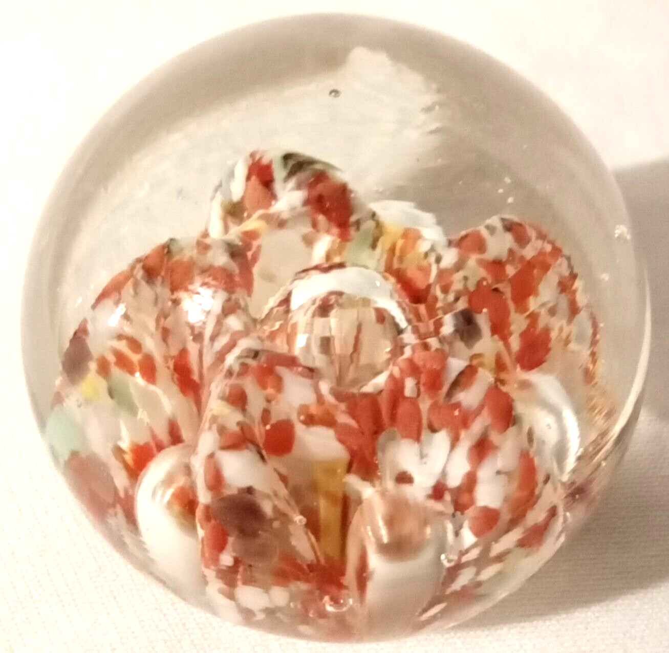 Vintage Art Glass Paperweight Orange & White Flowers 1970s
