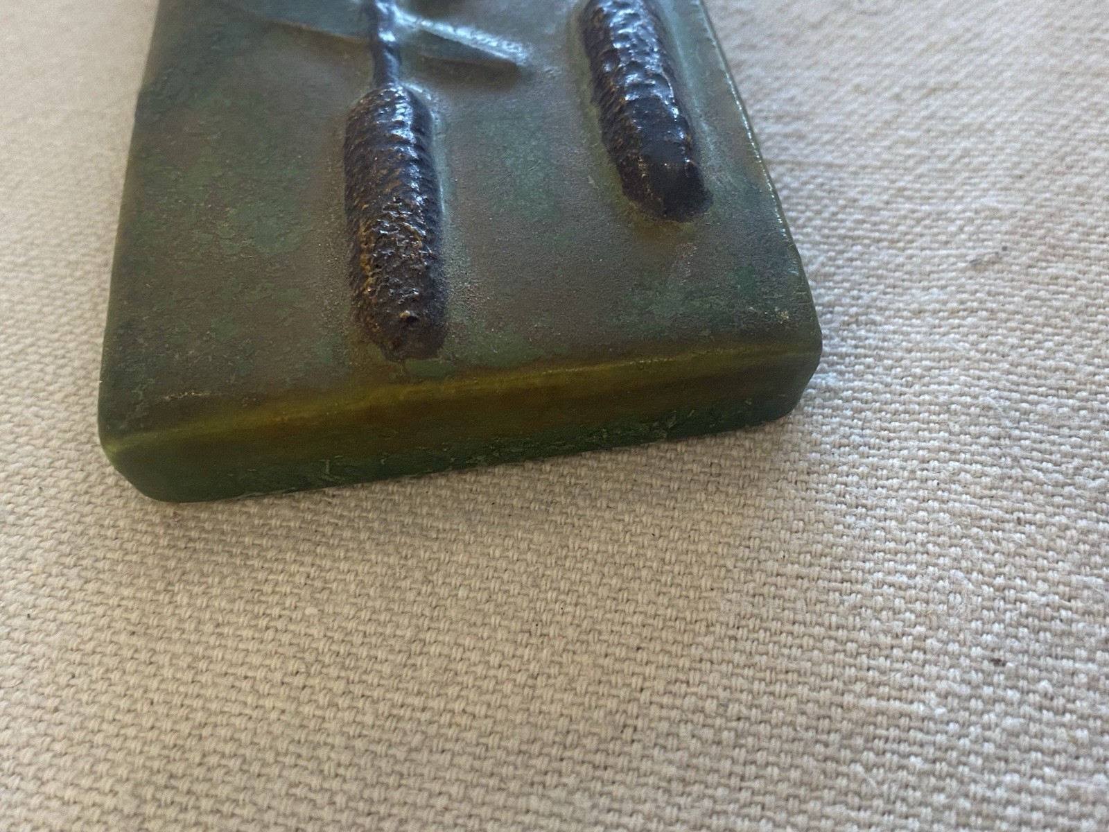 Ephraim Faience Vintage Hand Made Art Pottery Green Cattails Tile 5″ x 2.5″