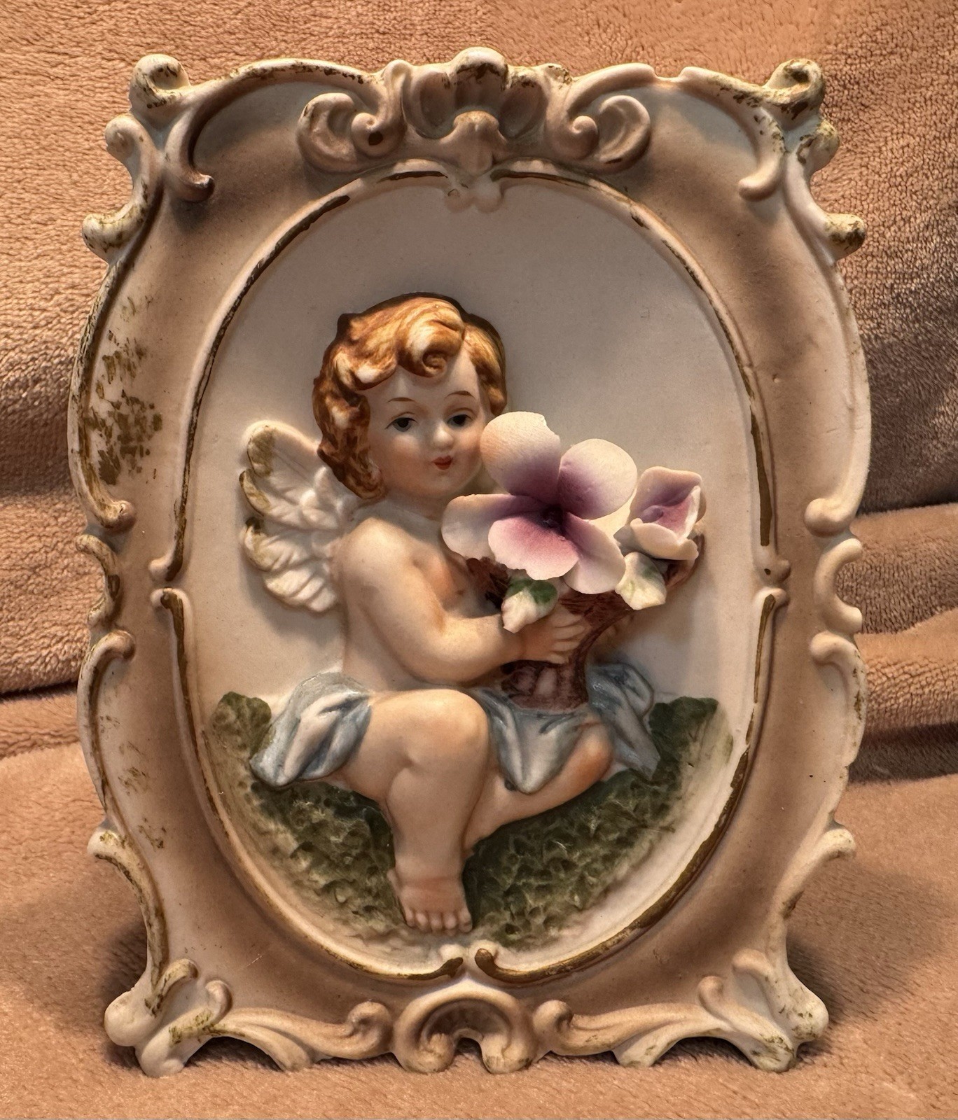 Vintage Blonde Cherub Chintz Botanical Decor Planter Boudoir Wall Vase Porcelain