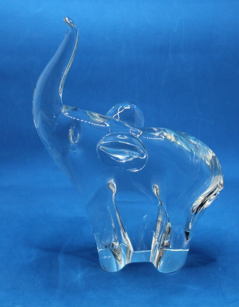 Clear Art Glass Elephant Sculpture Figurine Statue Trunk Up Heavy 9″H