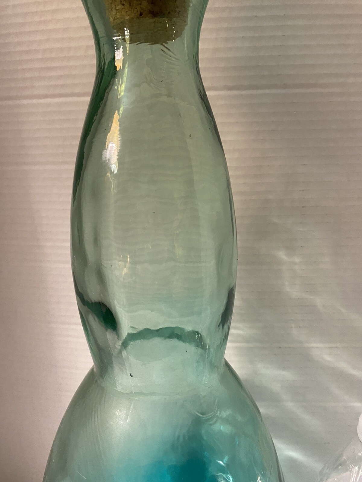 Vintage Green Glass Decanter Bottle with Round Cork Stopper Made In Spain 22.5”T