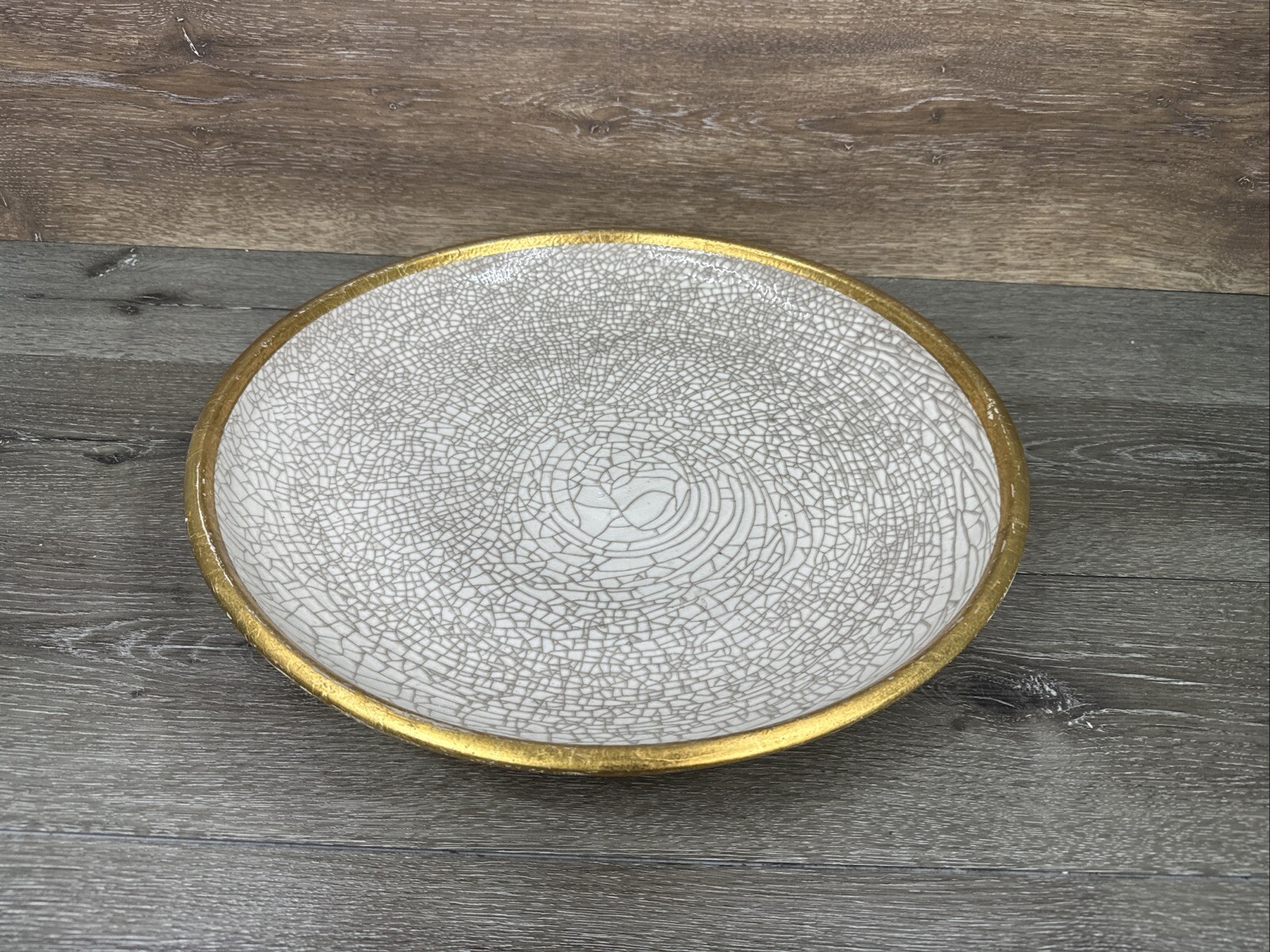 White Crackle Glaze Giglio Italian Pottery Charger 18.5” Gold Rim