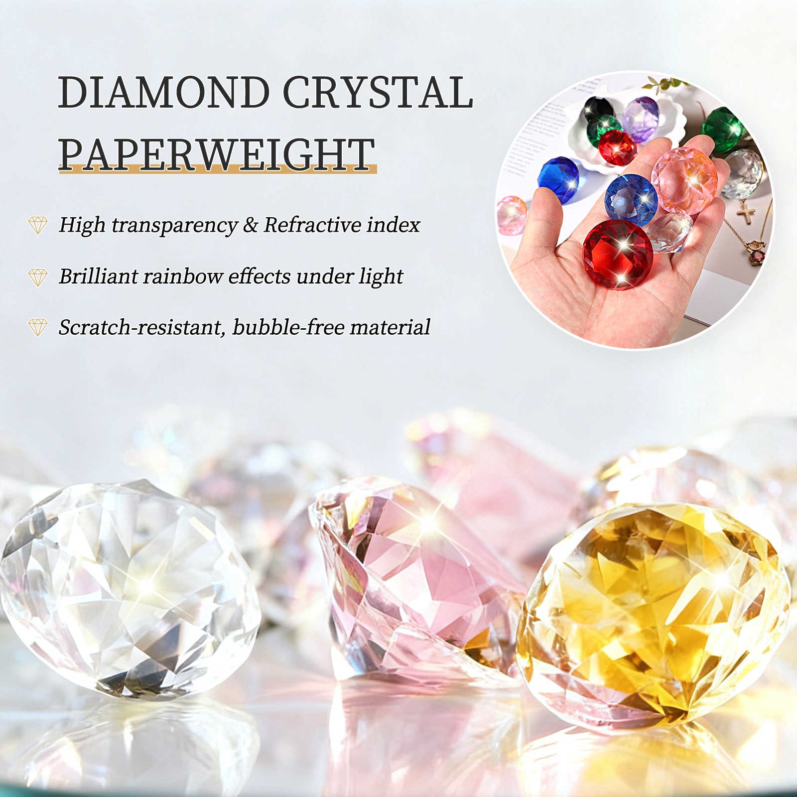 5 Pcs 40mm / 1.57 Inch Diamond Crystal Paperweight, Yellow