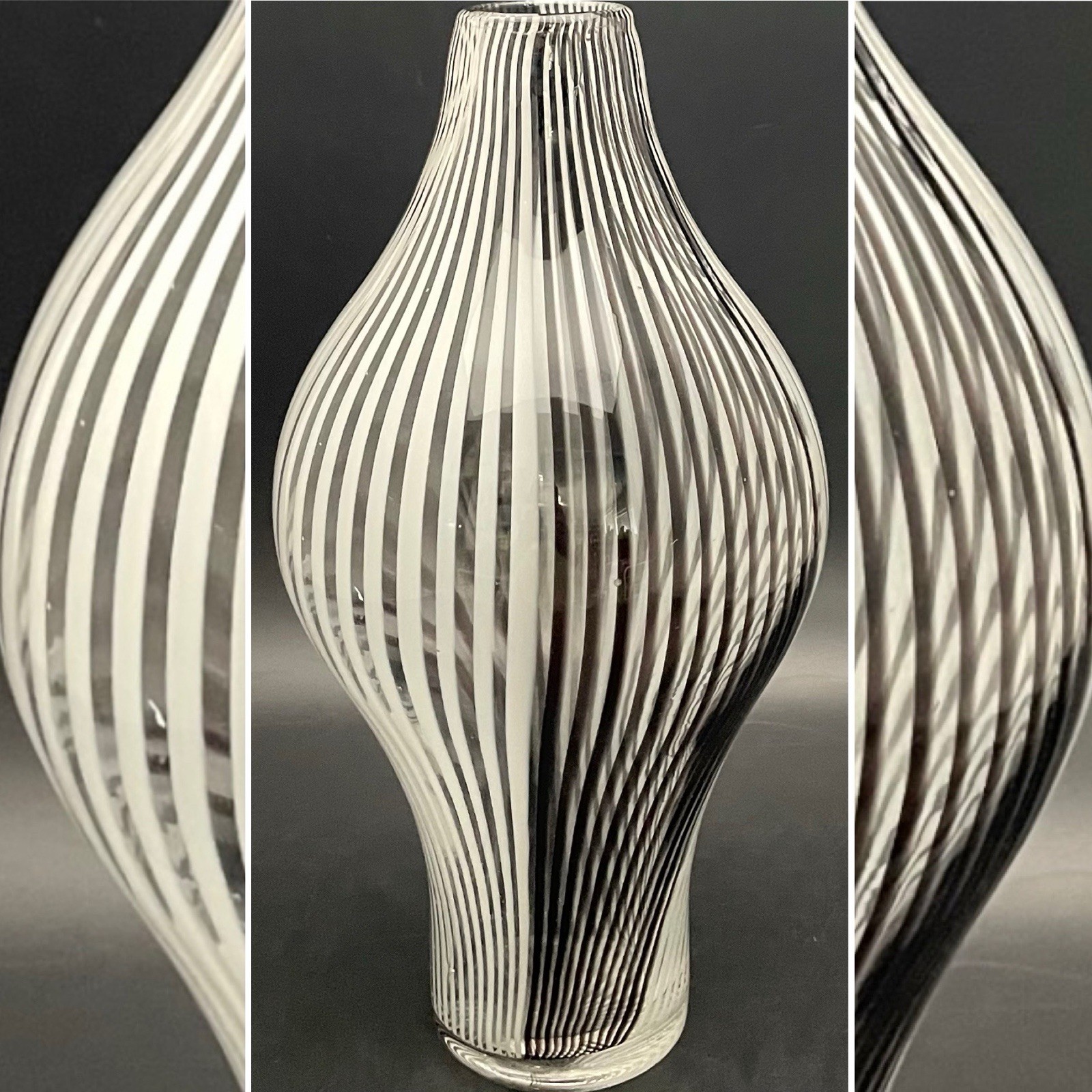 Mezza Filigrana Black White Art Glass Asymmetric Vase c1960s Made in China 11″t