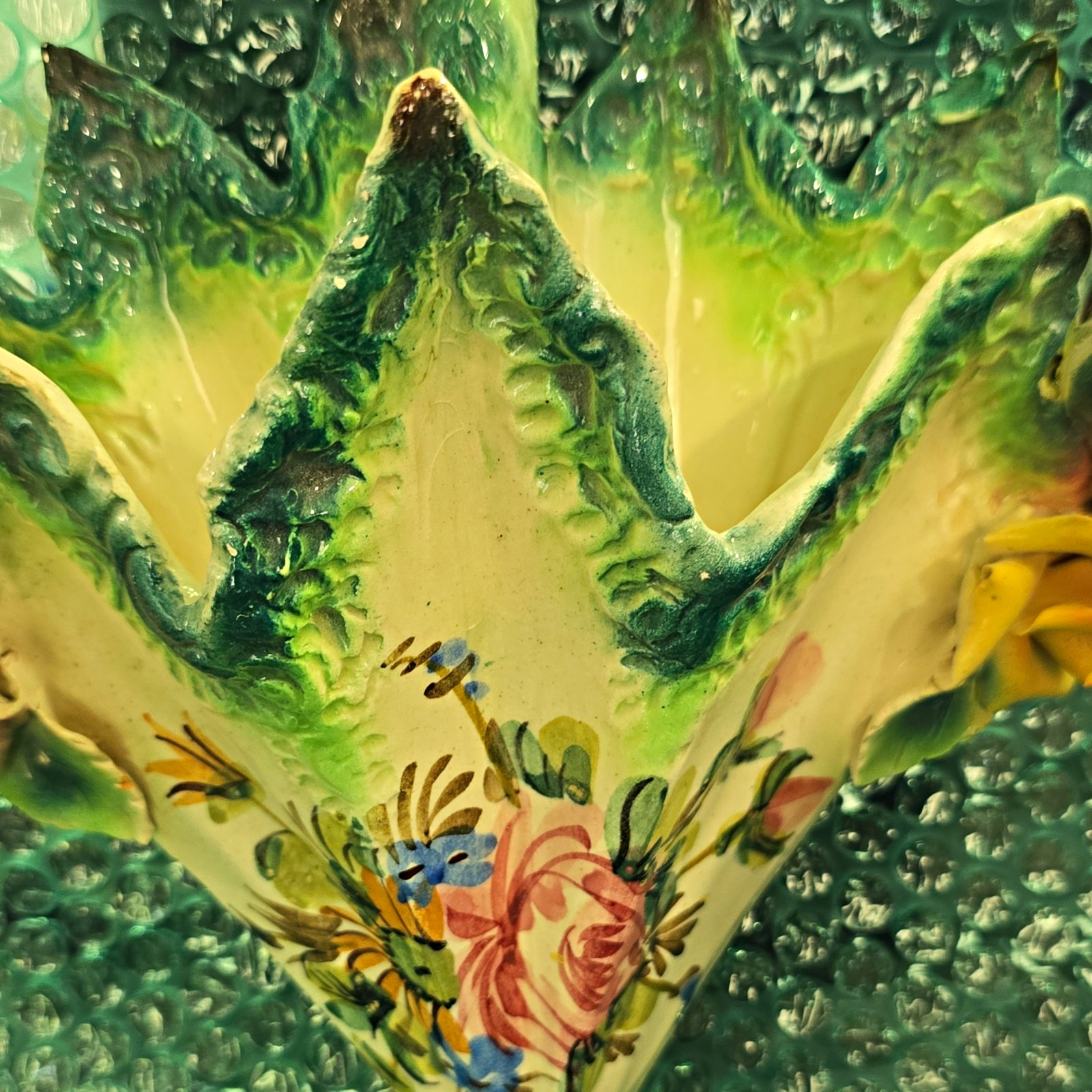 Italian Majolica Hand Painted Ceramic Vase, Floral Flowers, Glossy Green Rim