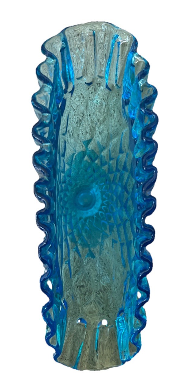 VTG MCM Capri Blue Diamond Optic Ruffled Edge Pressed Glass Fan Vase 1940s