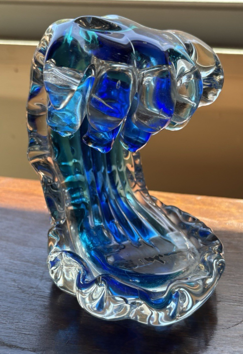 Hand Blow Rolling Ocean Coastal Table Top Nautical Art Glass Decor Blue