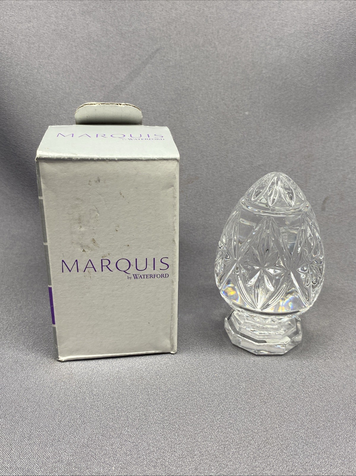 New w/ Box Marquis By Waterford Clear Crystal Egg Footed Paperweight Marked