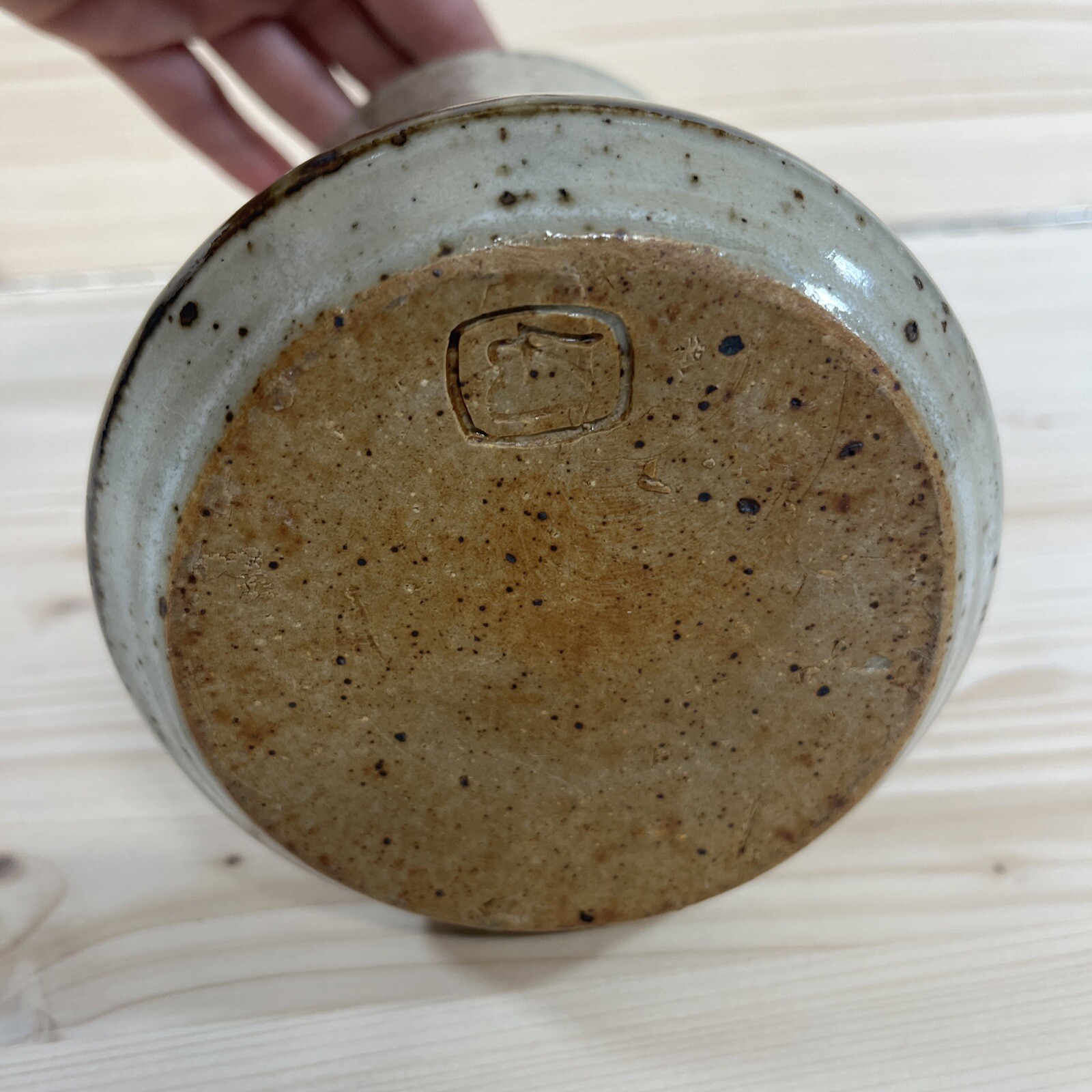 Studio Pottery Flower Vase Speckled Beige Asian Look Heavy Artist Stamped 8″