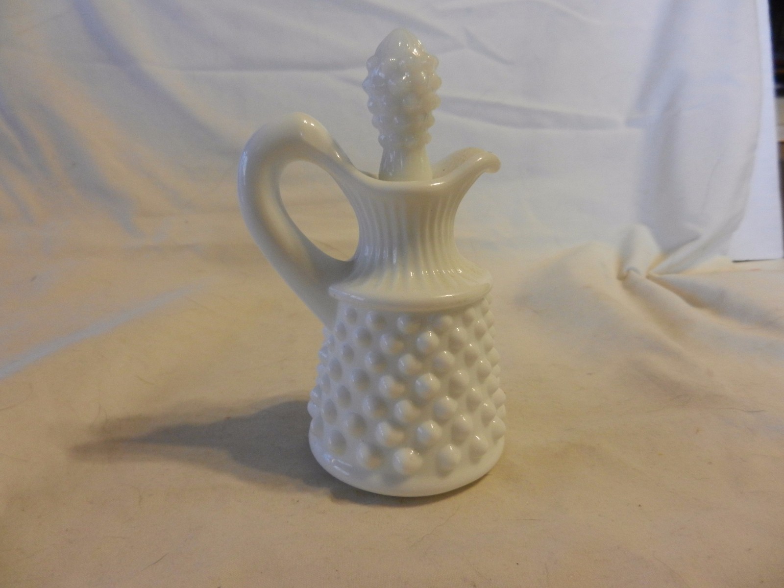 White Milk Glass Cruet with stopper Hobnail Pattern