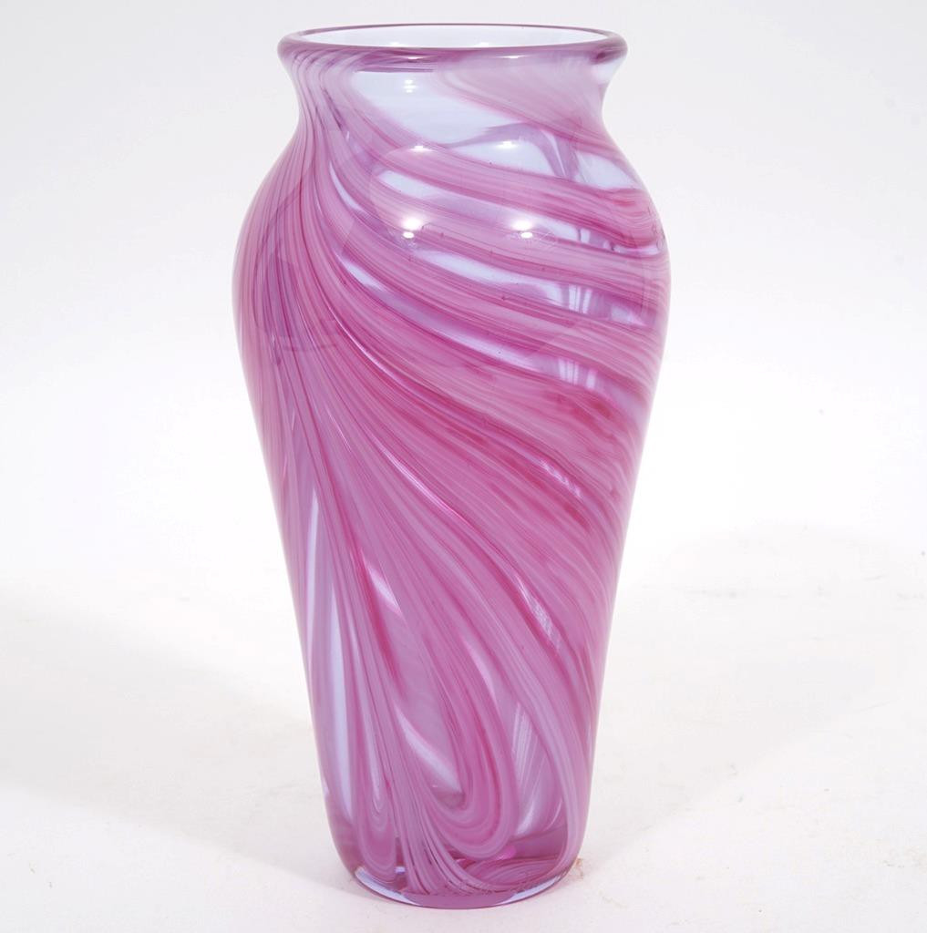 Art Glass John Lotton Studio Signed 1996 Pink Swirl & Clear Vase, 9 1/4″