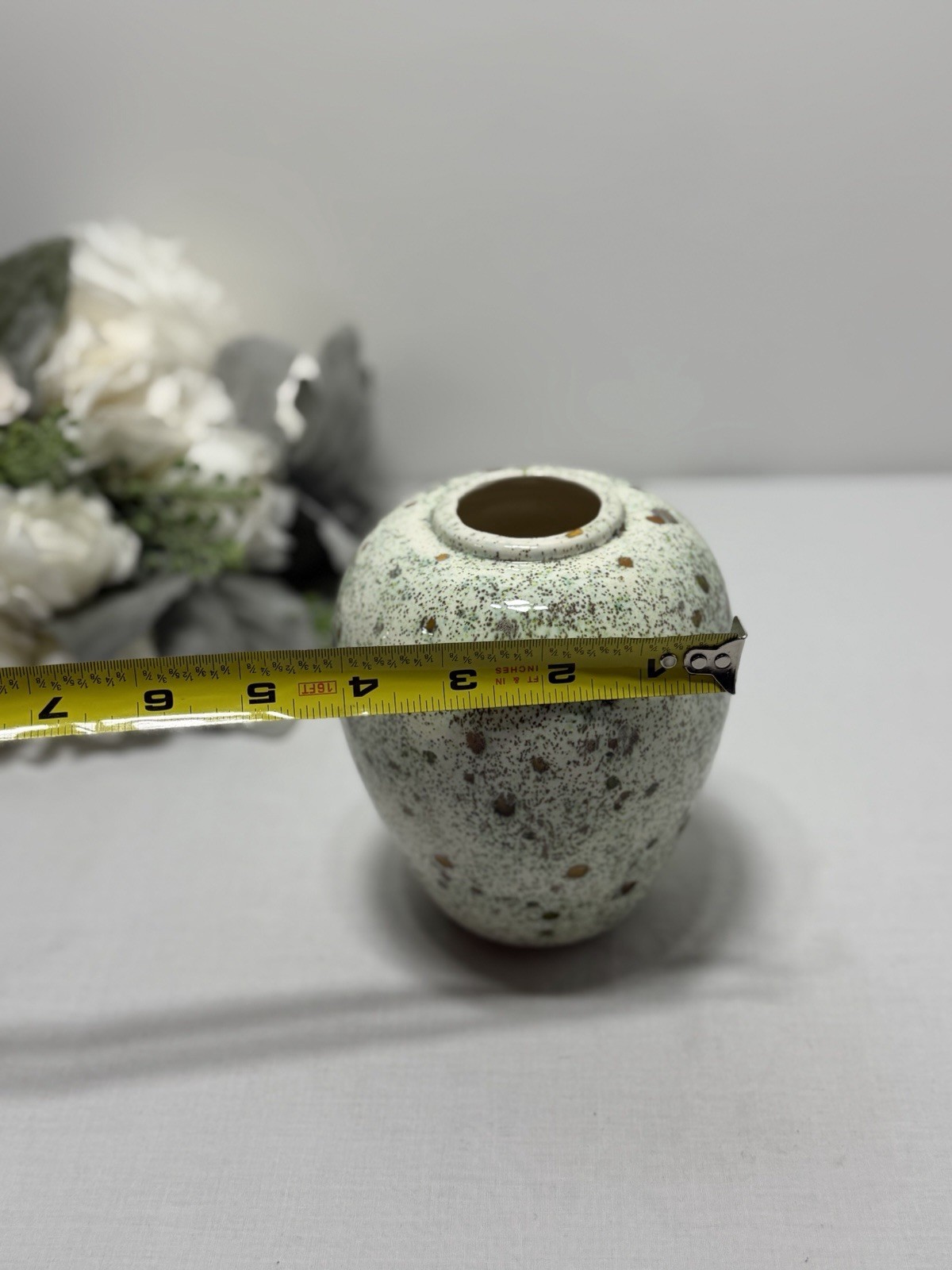 Vintage White Speckled Glaze Vase 6” T X 4” W With Green Yellow & Brown Specks