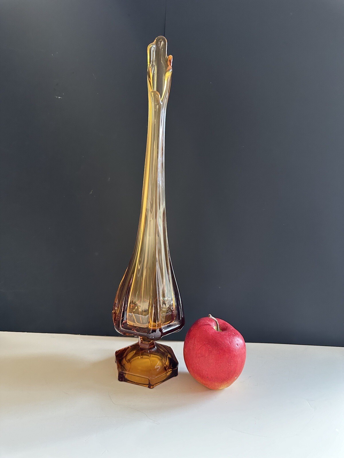 Vintage MCM Viking Glass Amber Swung Vase Epic Column 18.5” Hexagon Foot
