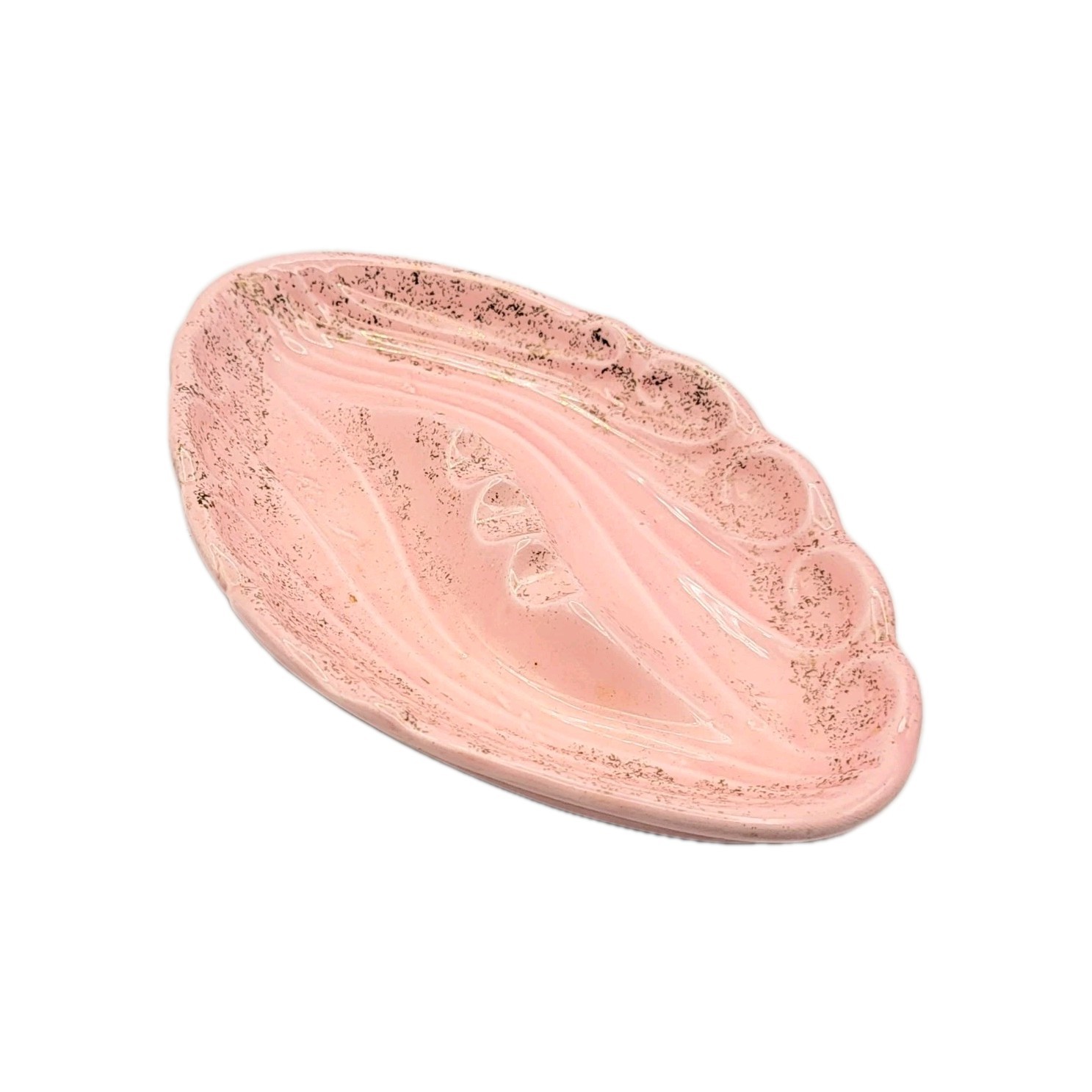 Pink Ceramic Gold Speckled Dusty Rose Retro Large 3 Slot MCM Ashtray Japan